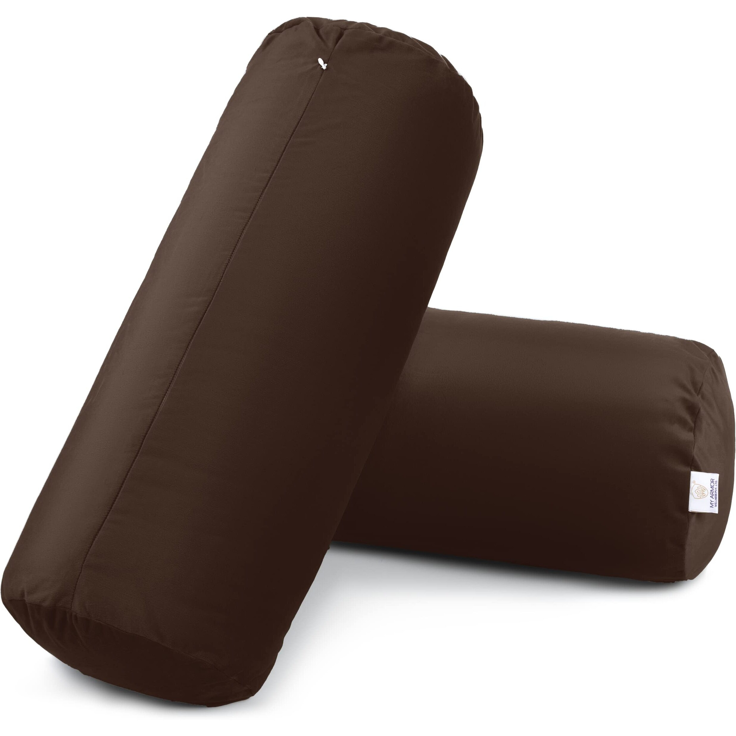 MY ARMOR Microfibre Round Bolster Bed/Sofa/Diwan Pillow | Light, Soft & Fluffy for Neck & Back Support | Washable, Durable | Premium Velvet Outer Cover with Zip |BROWN, Pack of 2 [10 x 25]