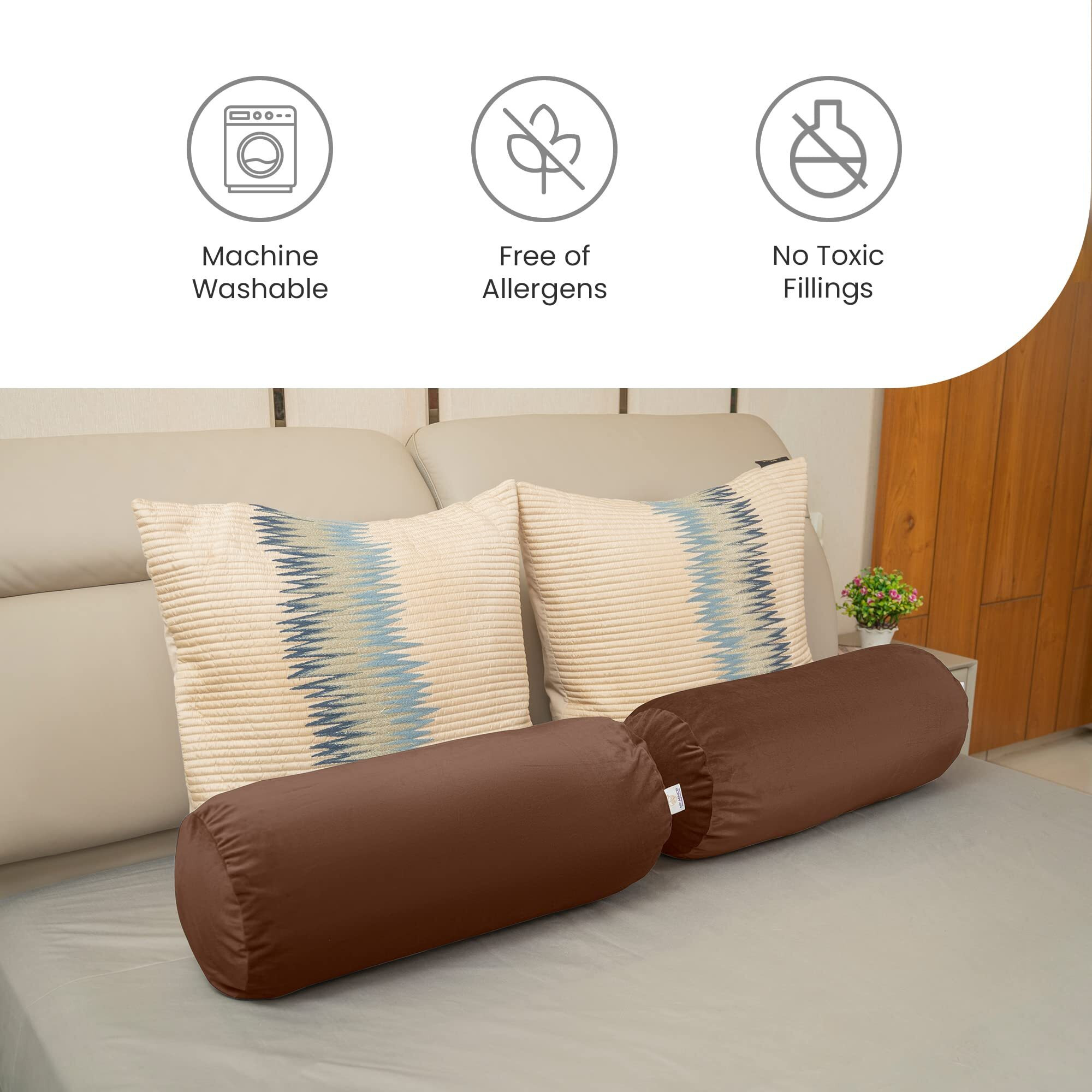 MY ARMOR Microfibre Round Bolster Bed/Sofa/Diwan Pillow | Light, Soft & Fluffy for Neck & Back Support | Washable, Durable | Premium Velvet Outer Cover with Zip |BROWN, Pack of 2 [10 x 25]