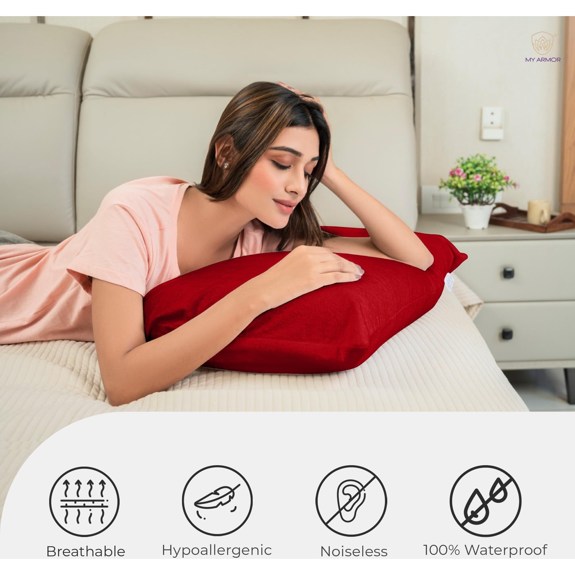 MY ARMOR Waterproof & Dustproof Cotton Terry Pillow Protectors, Standard Size | 220+ GSM- Set of 2, Maroon (18 x28)