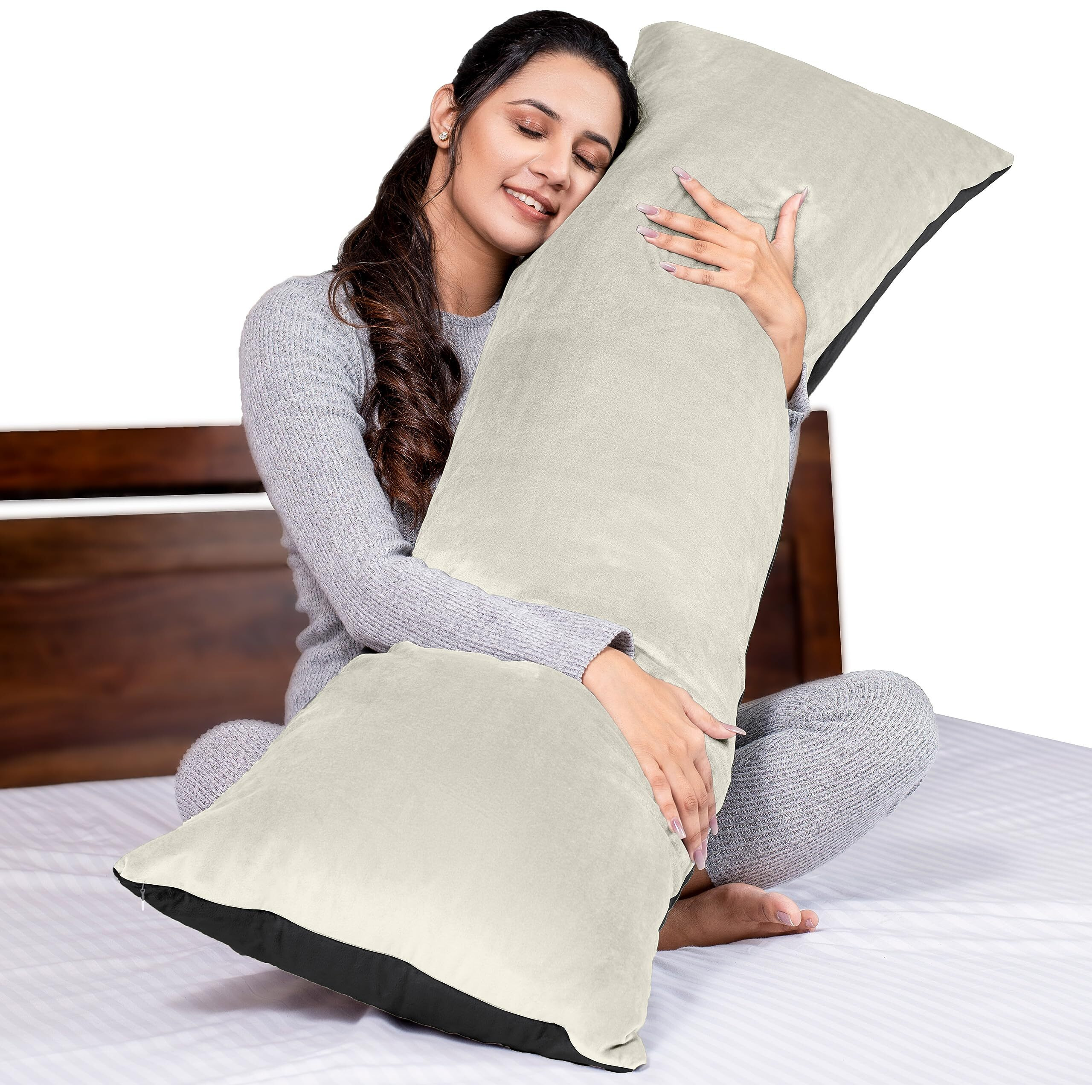MY ARMOR Microfibre Full Body Long Sleeping Pillow for Pregnancy, 53x16 Inches, Side Sleeping, Hugging, Cuddling, Relaxing, Washable, Premium Velvet Outer Cover with Zip (Black + Cream)