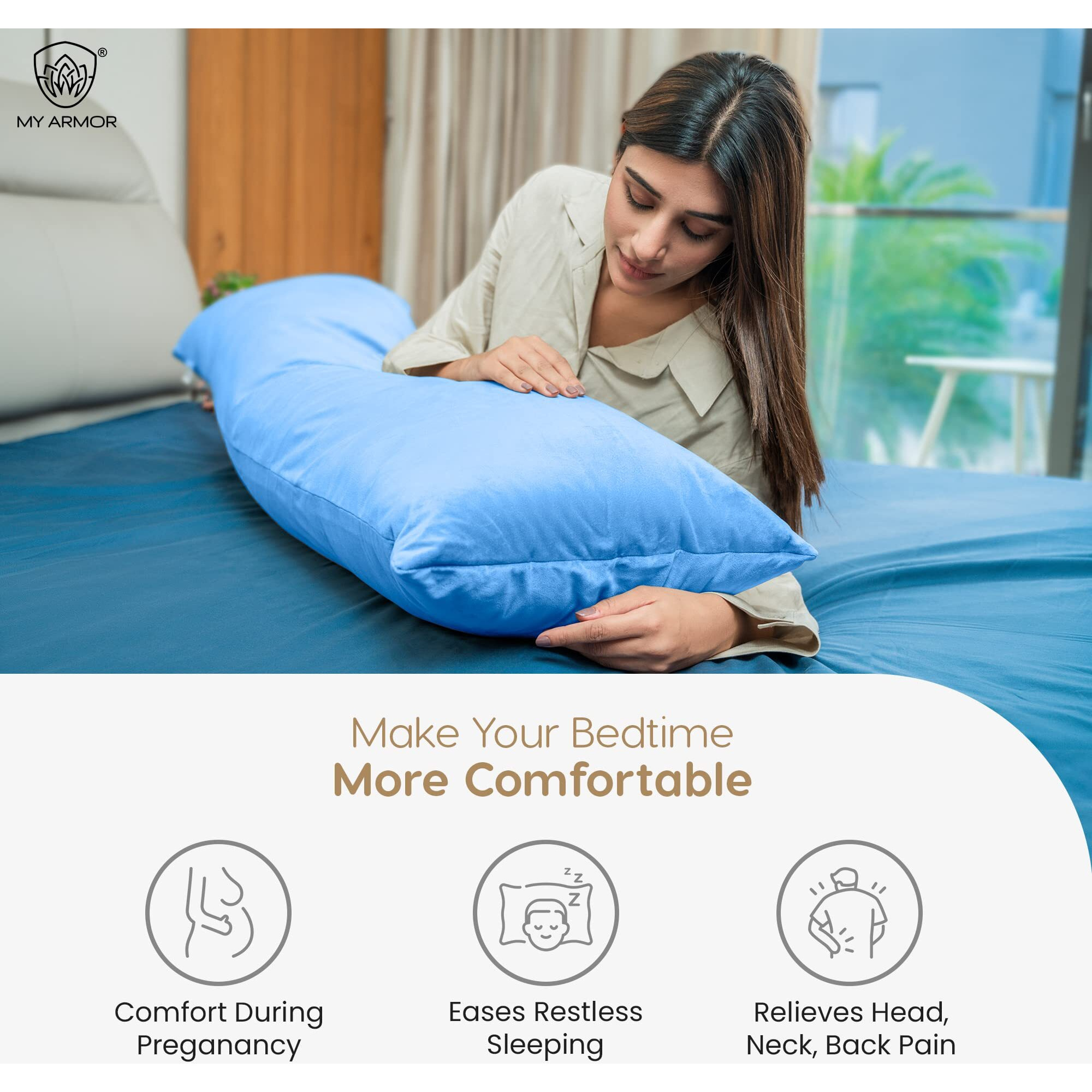 MY ARMOR Microfibre Full Body Long Sleeping Pillow for Pregnancy, 53x16 Inches, Side Sleeping, Hugging, Cuddling, Relaxing, Washable, Premium Velvet Outer Cover with Zip (Sky Blue)
