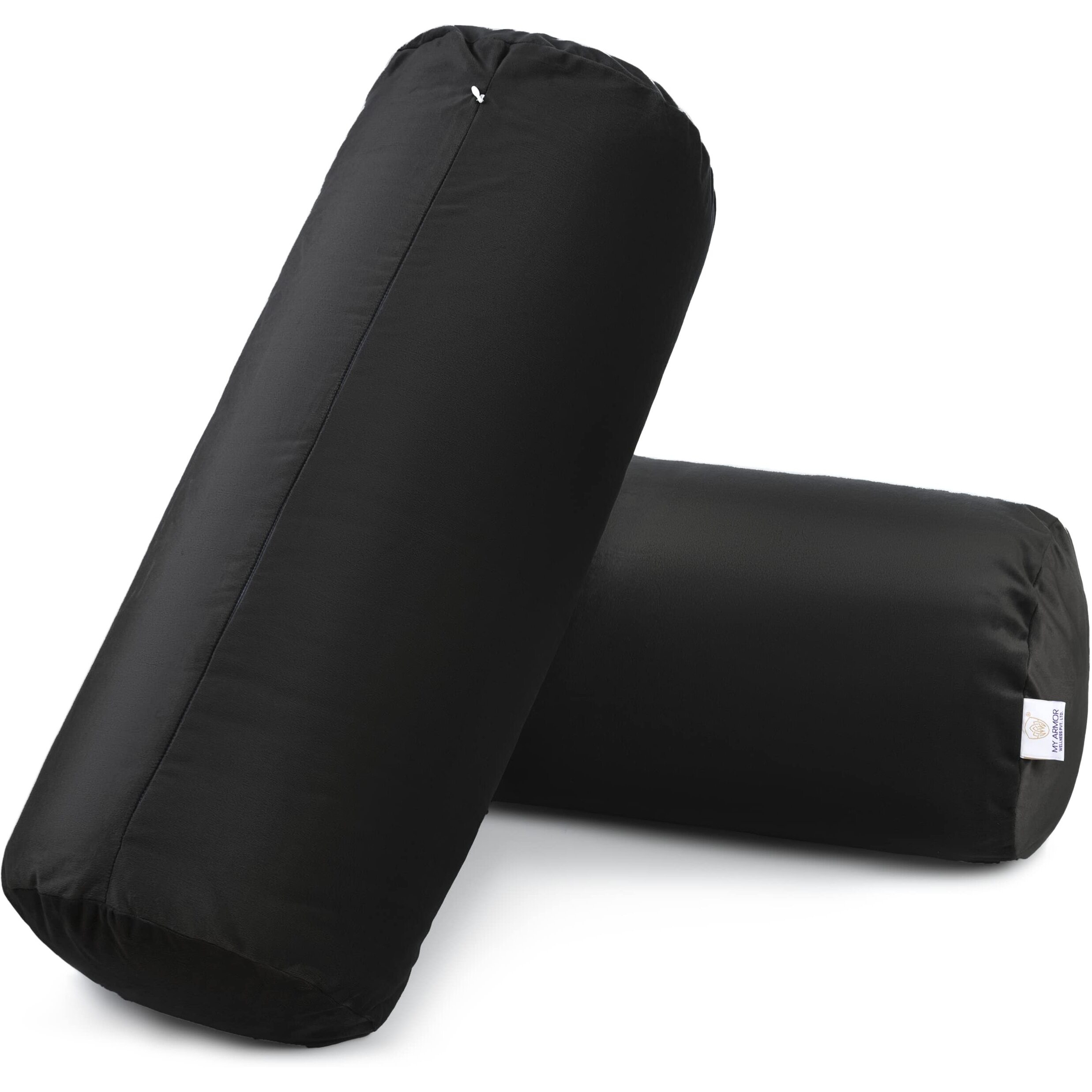 MY ARMOR Microfibre Round Bolster Bed/Sofa/Diwan Pillow | Light, Soft & Fluffy for Neck & Back Support | Washable, Durable | Premium Velvet Outer Cover with Zip | BLACK, Pack of 2 [10 x 25]