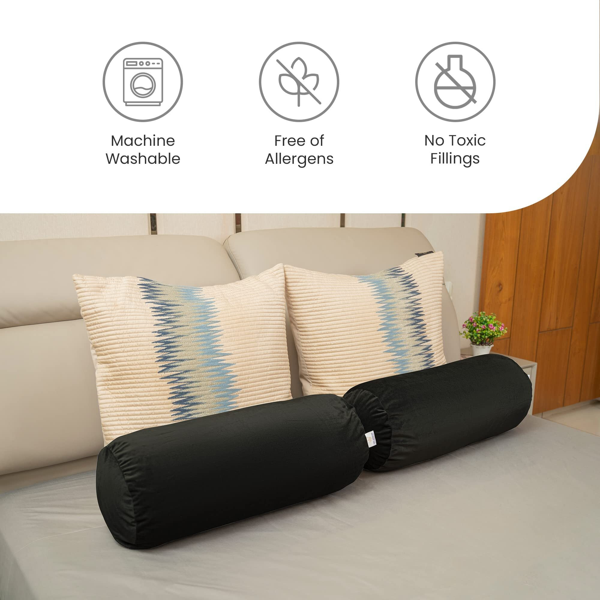 MY ARMOR Microfibre Round Bolster Bed/Sofa/Diwan Pillow | Light, Soft & Fluffy for Neck & Back Support | Washable, Durable | Premium Velvet Outer Cover with Zip | BLACK, Pack of 2 [10 x 25]
