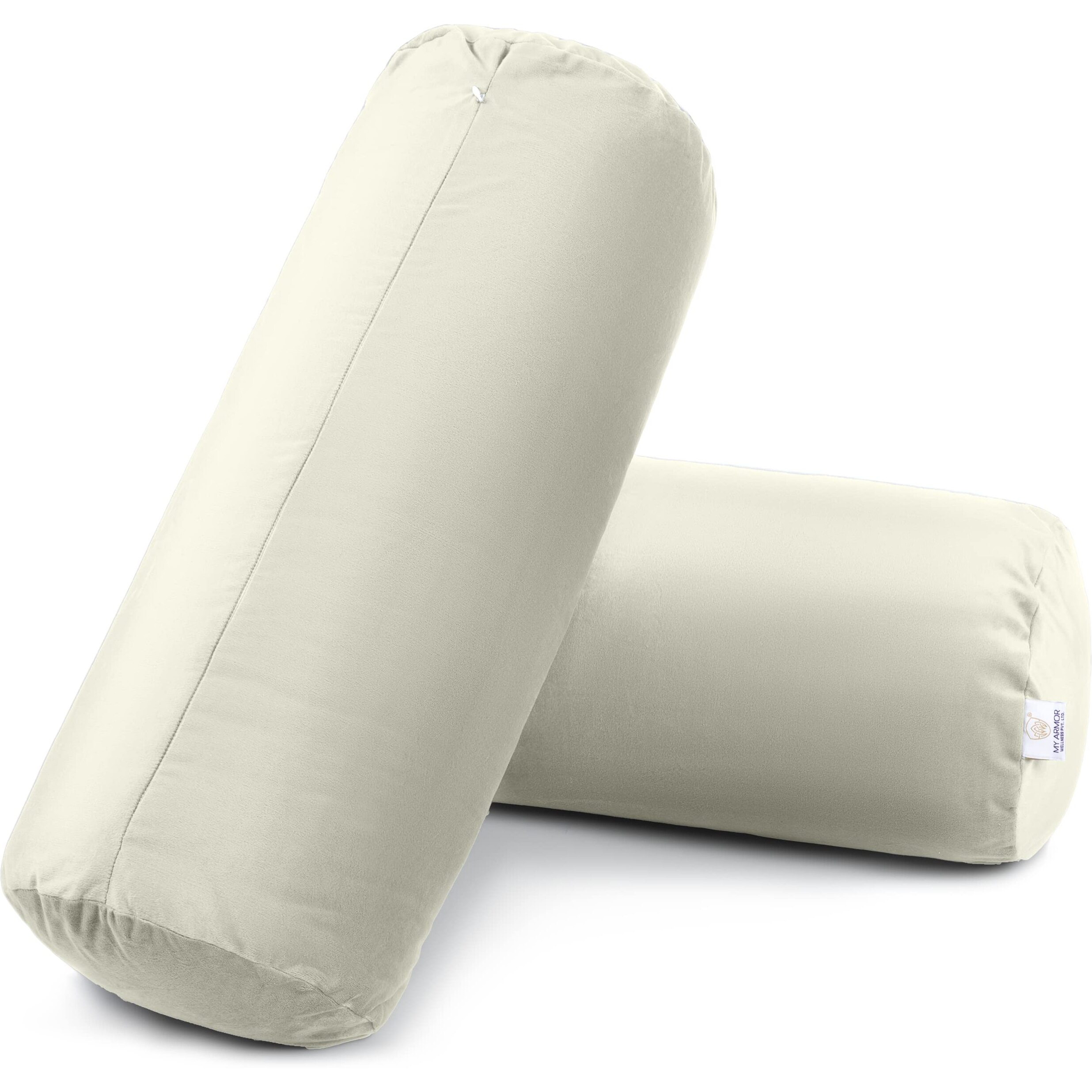 MY ARMOR Microfibre Round Bolster Bed/Sofa/Diwan Pillow | Soft & Fluffy for Neck & Back Support | Washable, Durable | Premium Velvet Outer Cover with Zip | Cream, Pack of 2 [10 x 25]