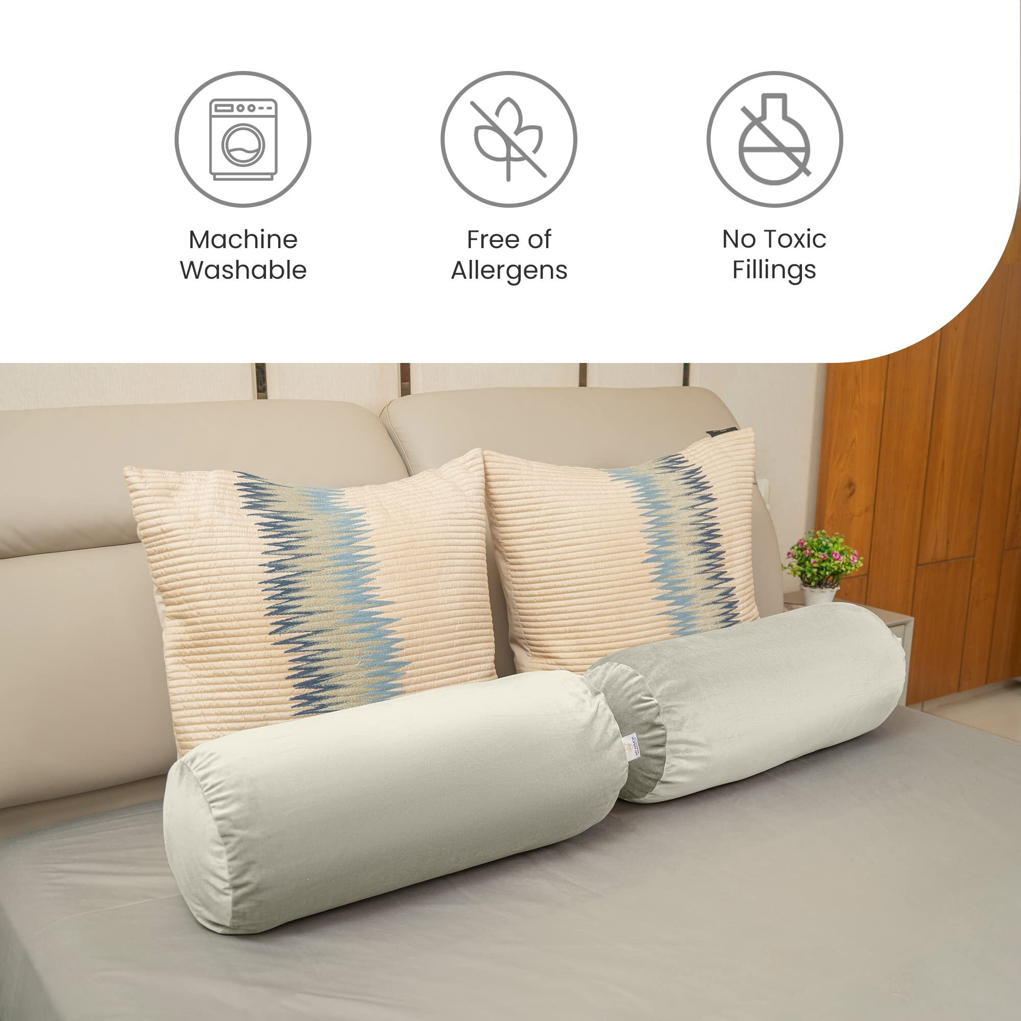 MY ARMOR Microfibre Round Bolster Bed/Sofa/Diwan Pillow | Soft & Fluffy for Neck & Back Support | Washable, Durable | Premium Velvet Outer Cover with Zip | Cream, Pack of 2 [10 x 25]