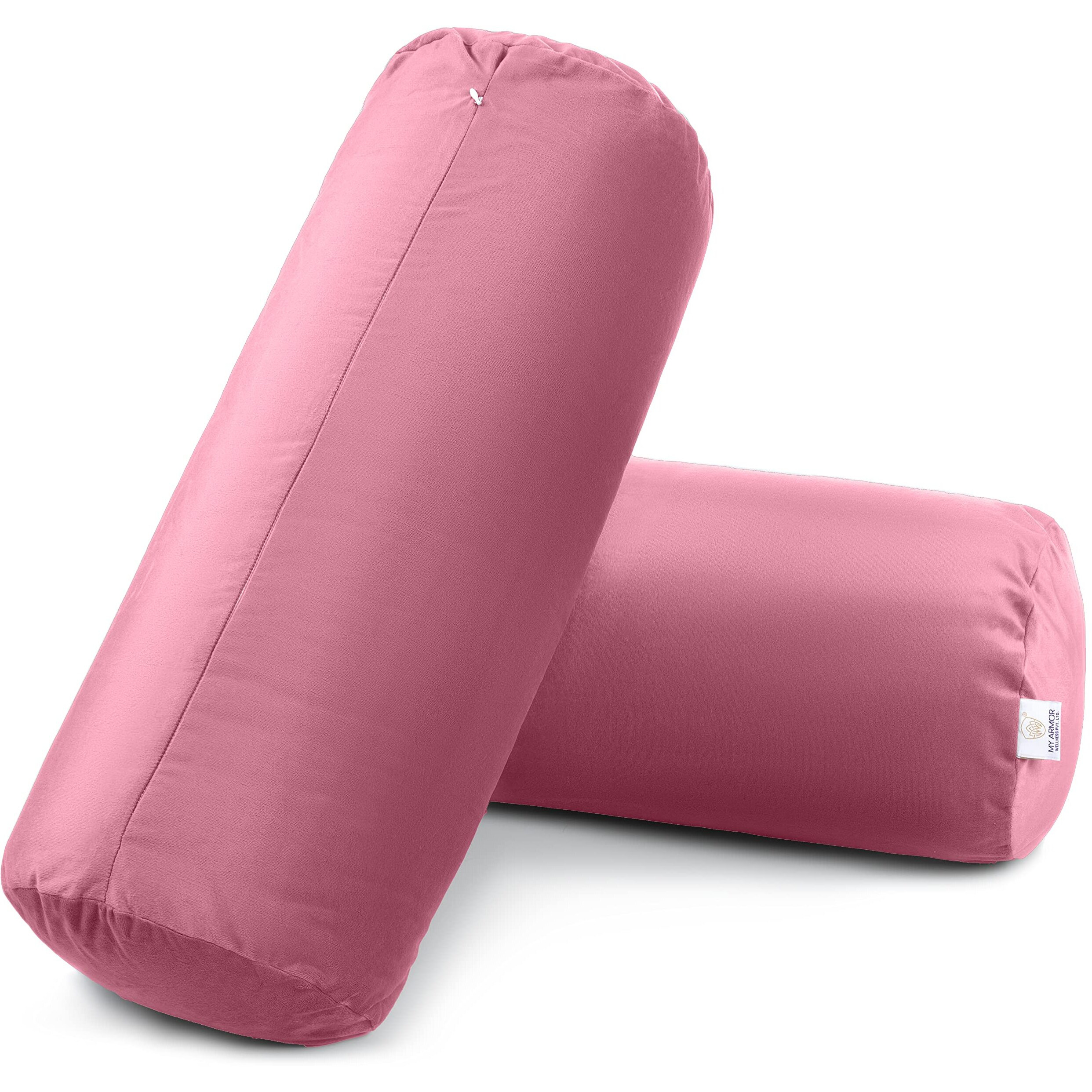 MY ARMOR Microfibre Round Bolster Bed/Sofa/Diwan Pillow | Light, Soft & Fluffy for Neck & Back Support | Washable, Durable | Premium Velvet Outer Cover with Zip | PEACH, Pack of 2 [10 x 25]