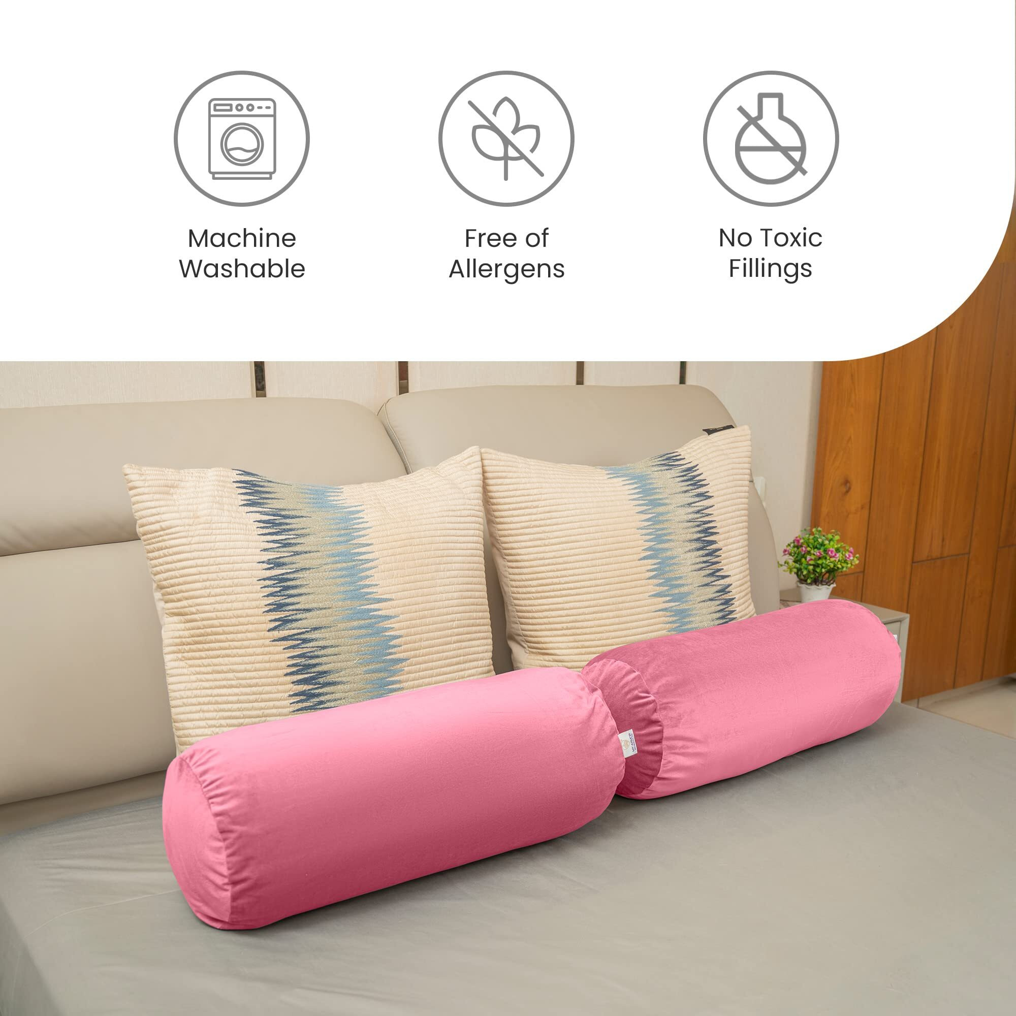 MY ARMOR Microfibre Round Bolster Bed/Sofa/Diwan Pillow | Light, Soft & Fluffy for Neck & Back Support | Washable, Durable | Premium Velvet Outer Cover with Zip | PEACH, Pack of 2 [10 x 25]