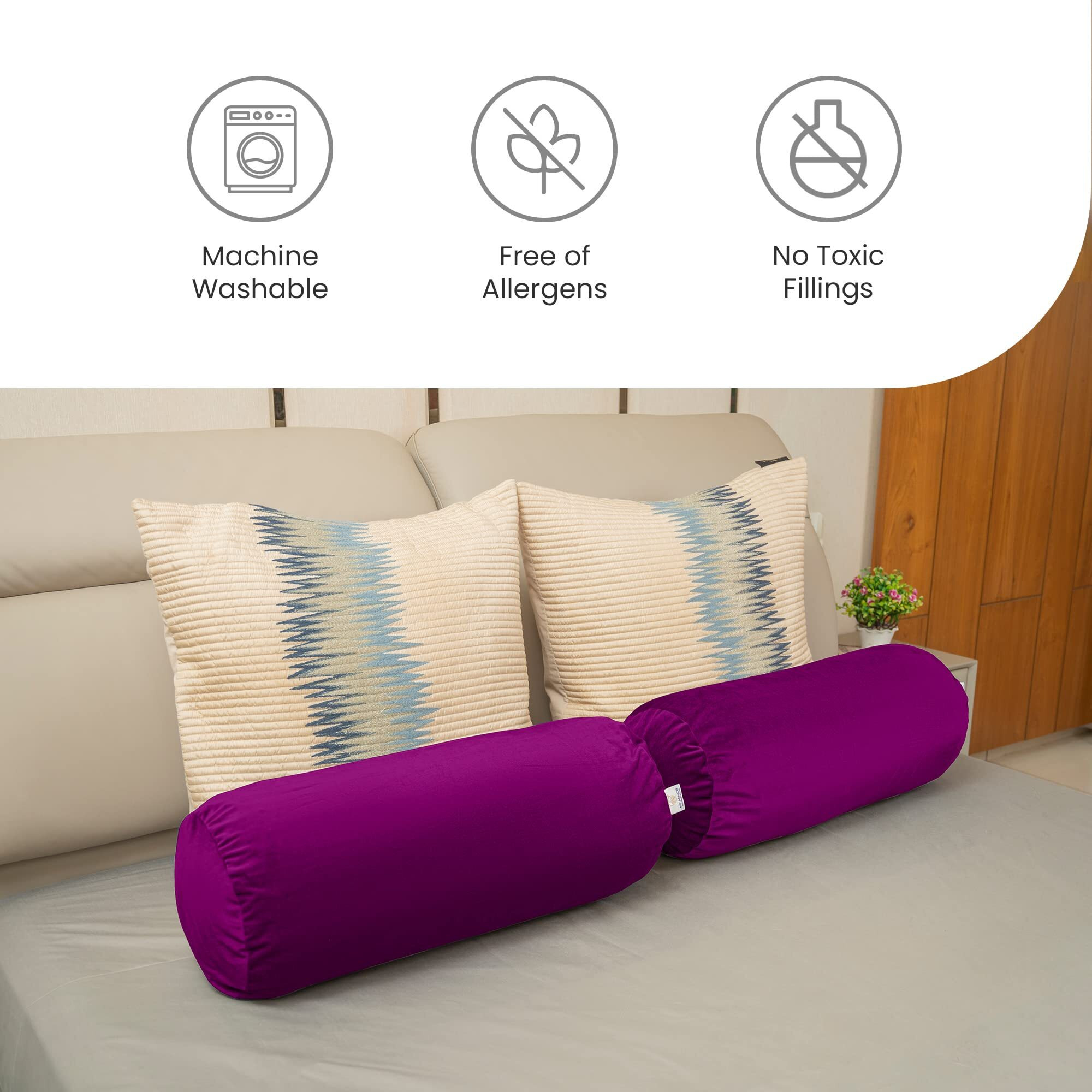 MY ARMOR Microfibre Round Bolster Bed/Sofa/Diwan Pillow | Light, Soft & Fluffy for Neck & Back Support | Washable, Durable | Premium Velvet Outer Cover with Zip |PURPLE, Pack of 2 [10 x 25]