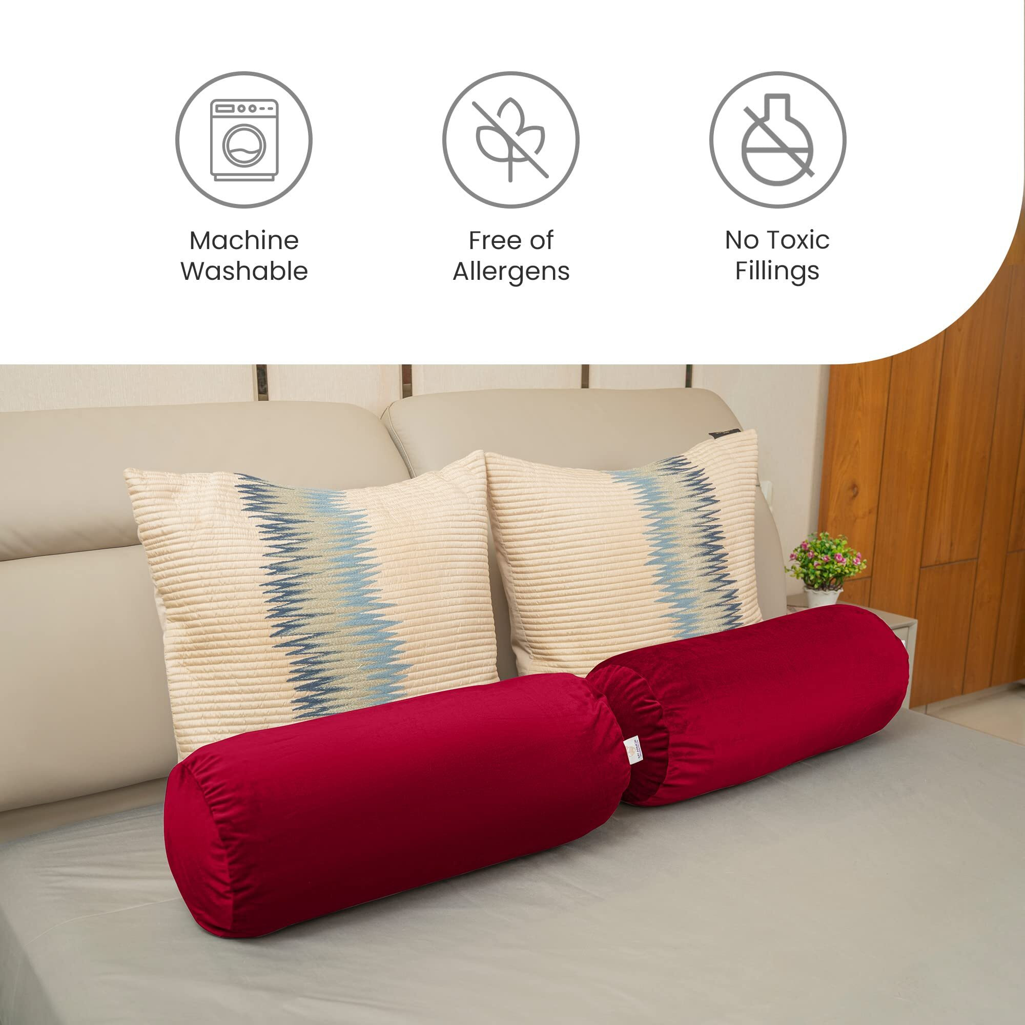 MY ARMOR Microfibre Round Bolster Bed/Sofa/Diwan Pillow | Light, Soft & Fluffy for Neck & Back Support | Washable, Durable | Premium Velvet Outer Cover with Zip |Maroon, Pack of 2 [10 x 25]