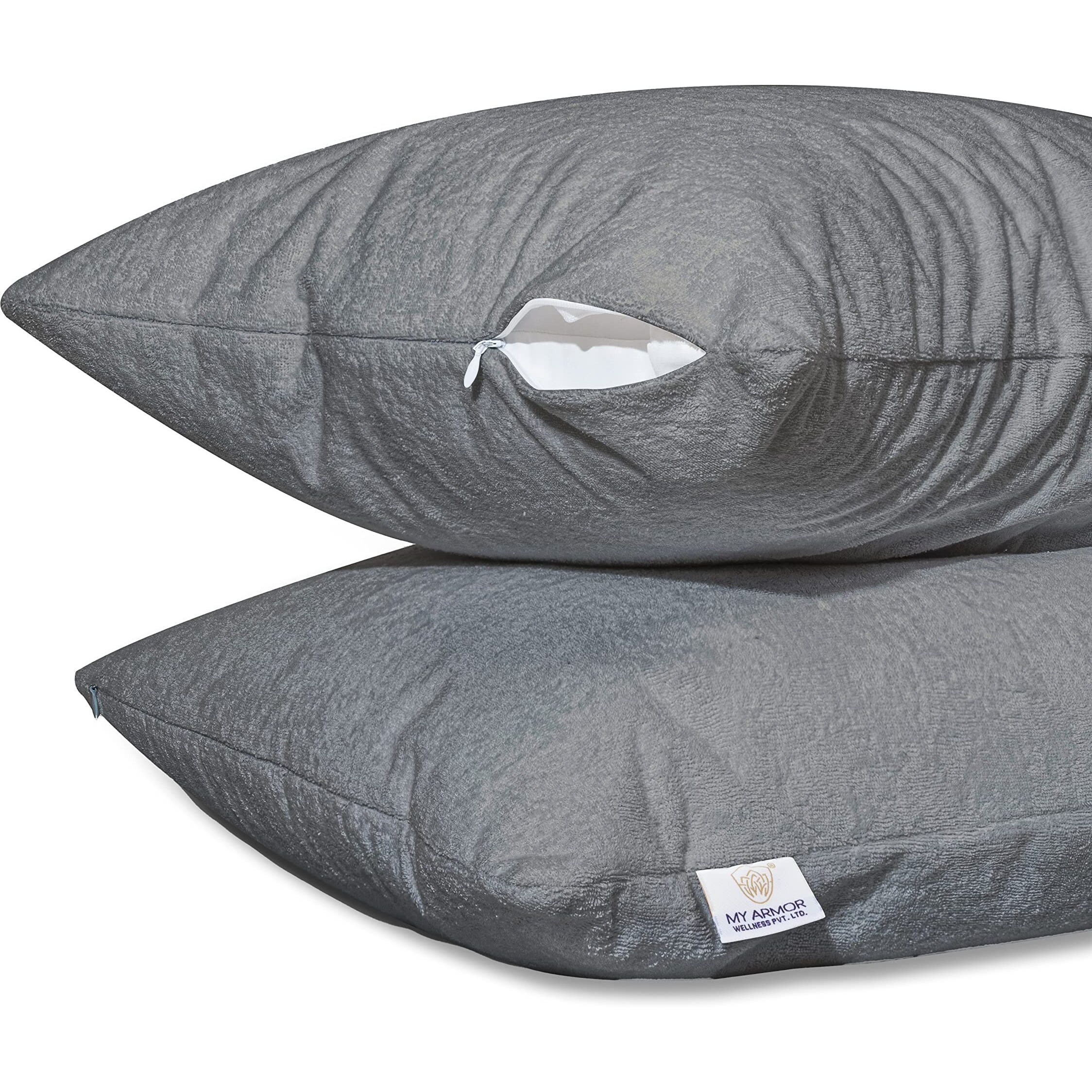 MY ARMOR Waterproof & Dustproof Cotton Terry Pillow Protectors, 220+ GSM Standard Size Pillow Cover Set of 2, Grey (20 x 30)