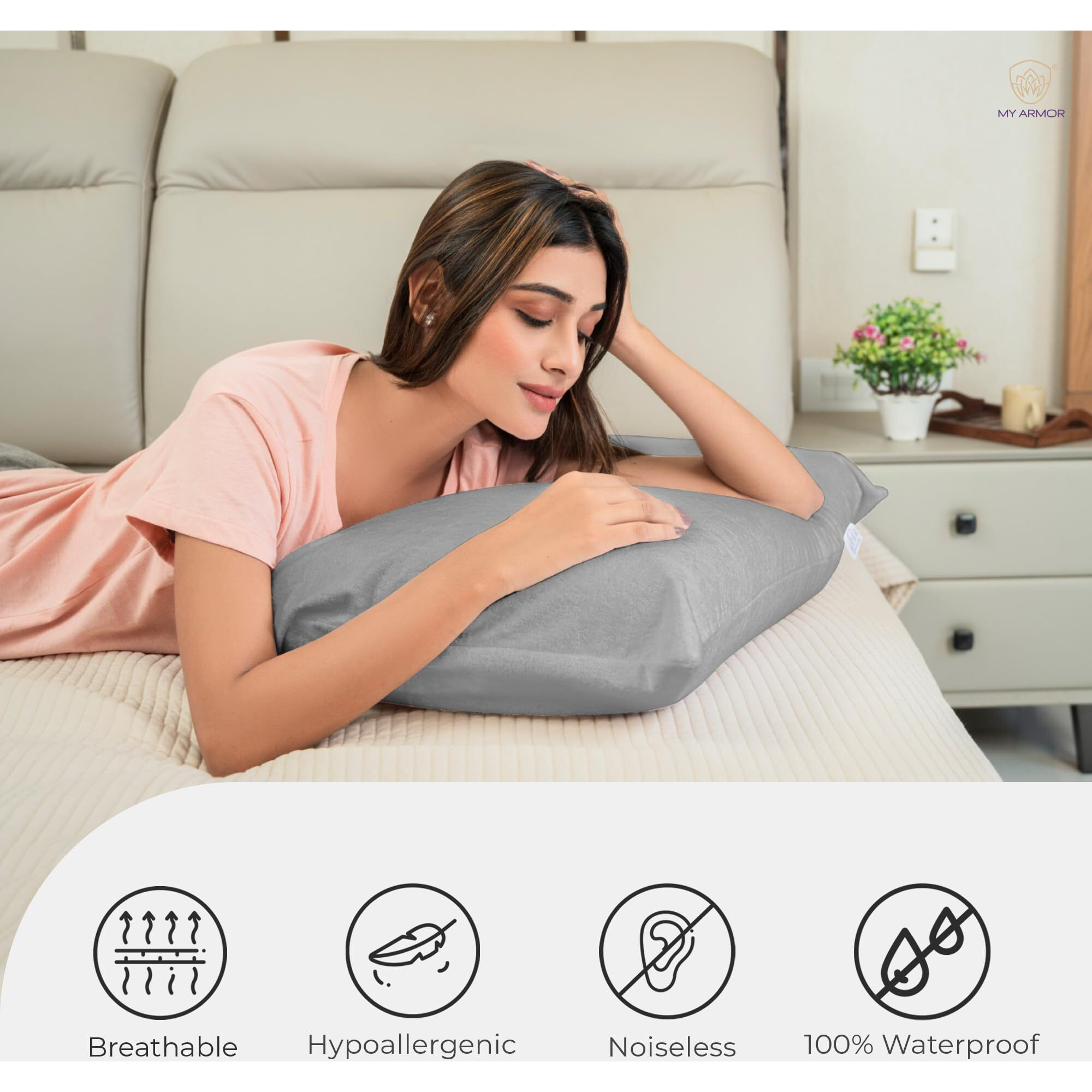 MY ARMOR Waterproof & Dustproof Cotton Terry Pillow Protectors, 220+ GSM Standard Size Pillow Cover Set of 2, Grey (20 x 30)