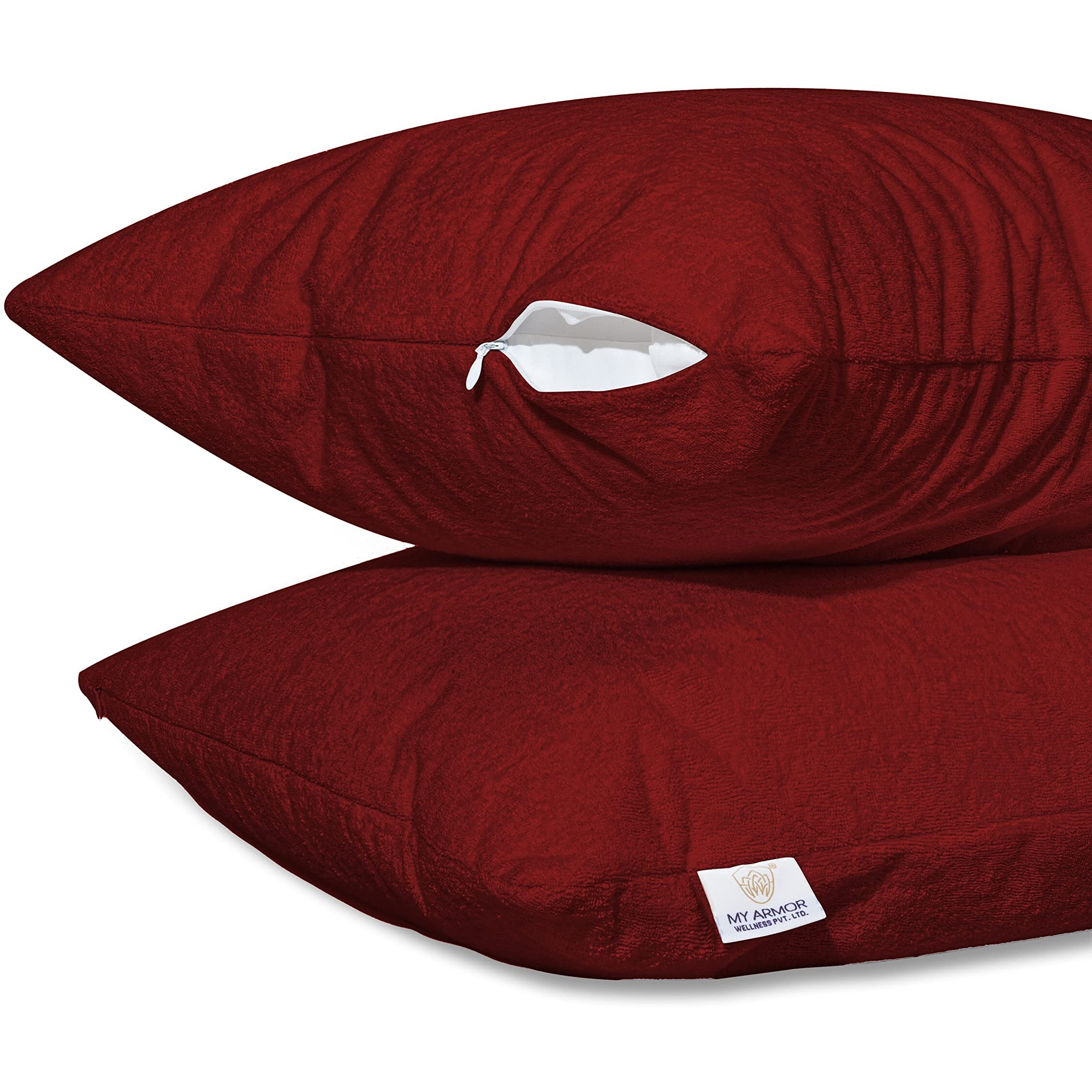 MY ARMOR Waterproof & Dustproof Cotton Terry Pillow Protectors, Standard Size | 220+ GSM- Set of 2, Maroon (20 x 30)