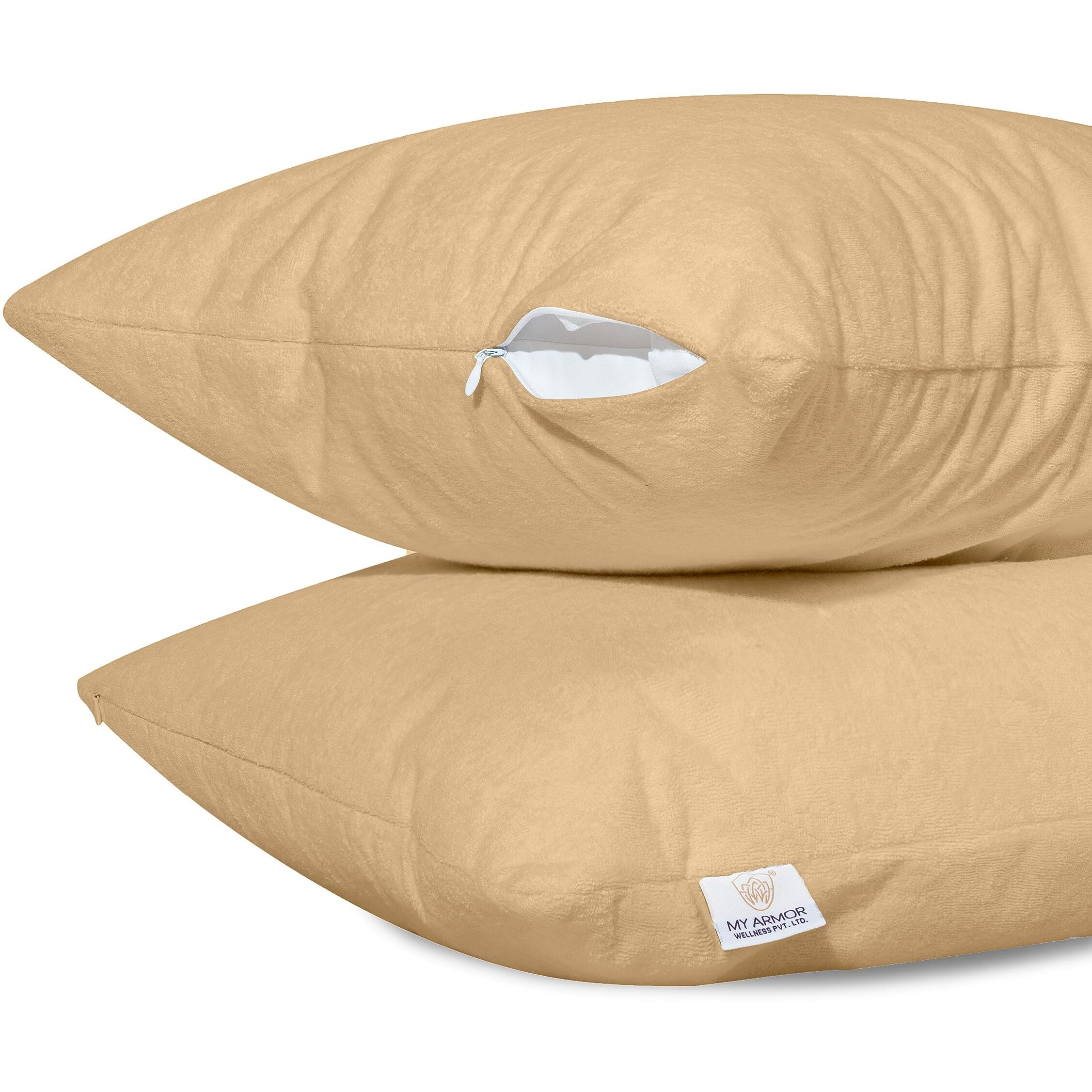 MY ARMOR Waterproof & Dustproof Cotton Terry Pillow Protectors, Standard Size | 220+ GSM- Set of 2, Beige (20 x 30)