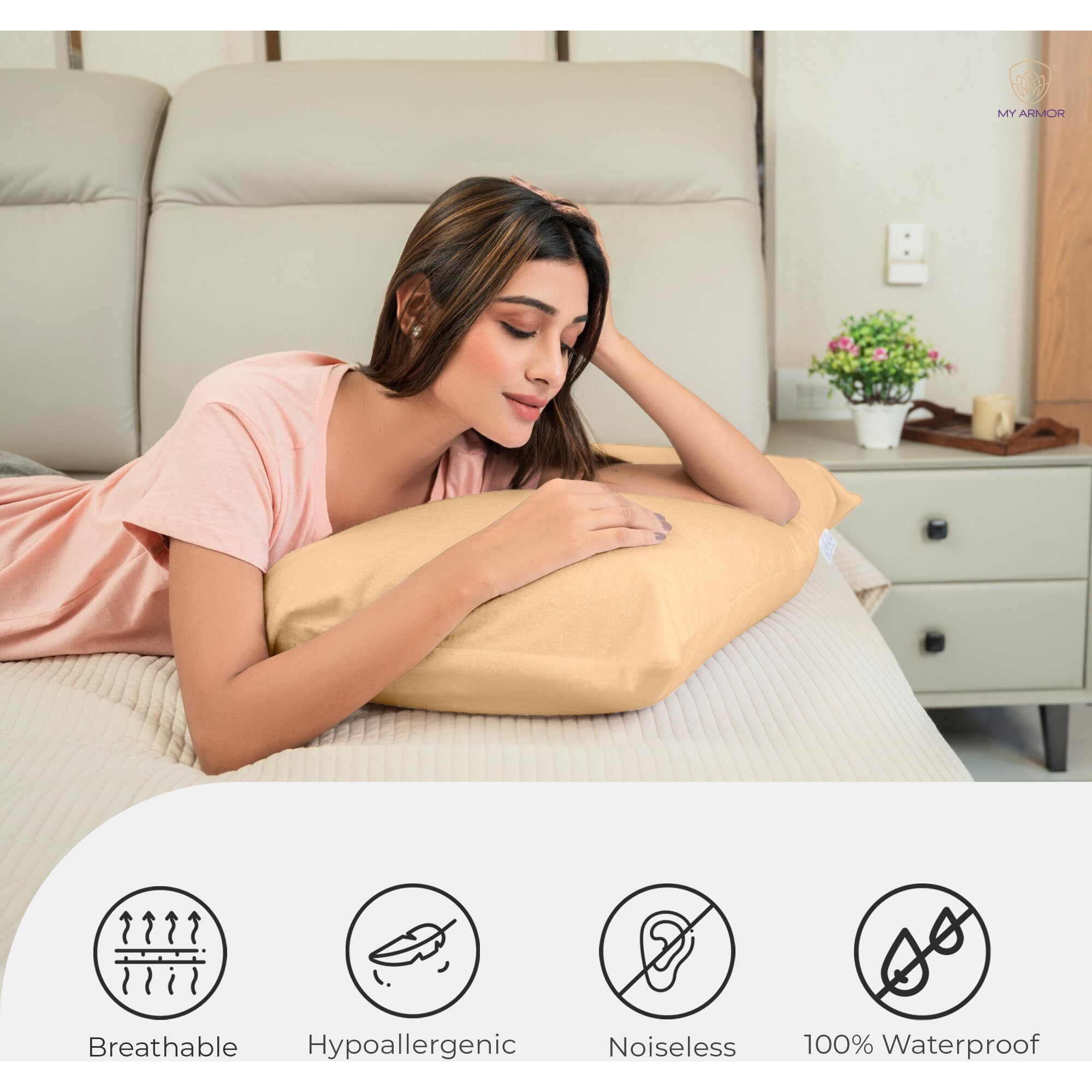 MY ARMOR Waterproof & Dustproof Cotton Terry Pillow Protectors, Standard Size | 220+ GSM- Set of 2, Beige (20 x 30)