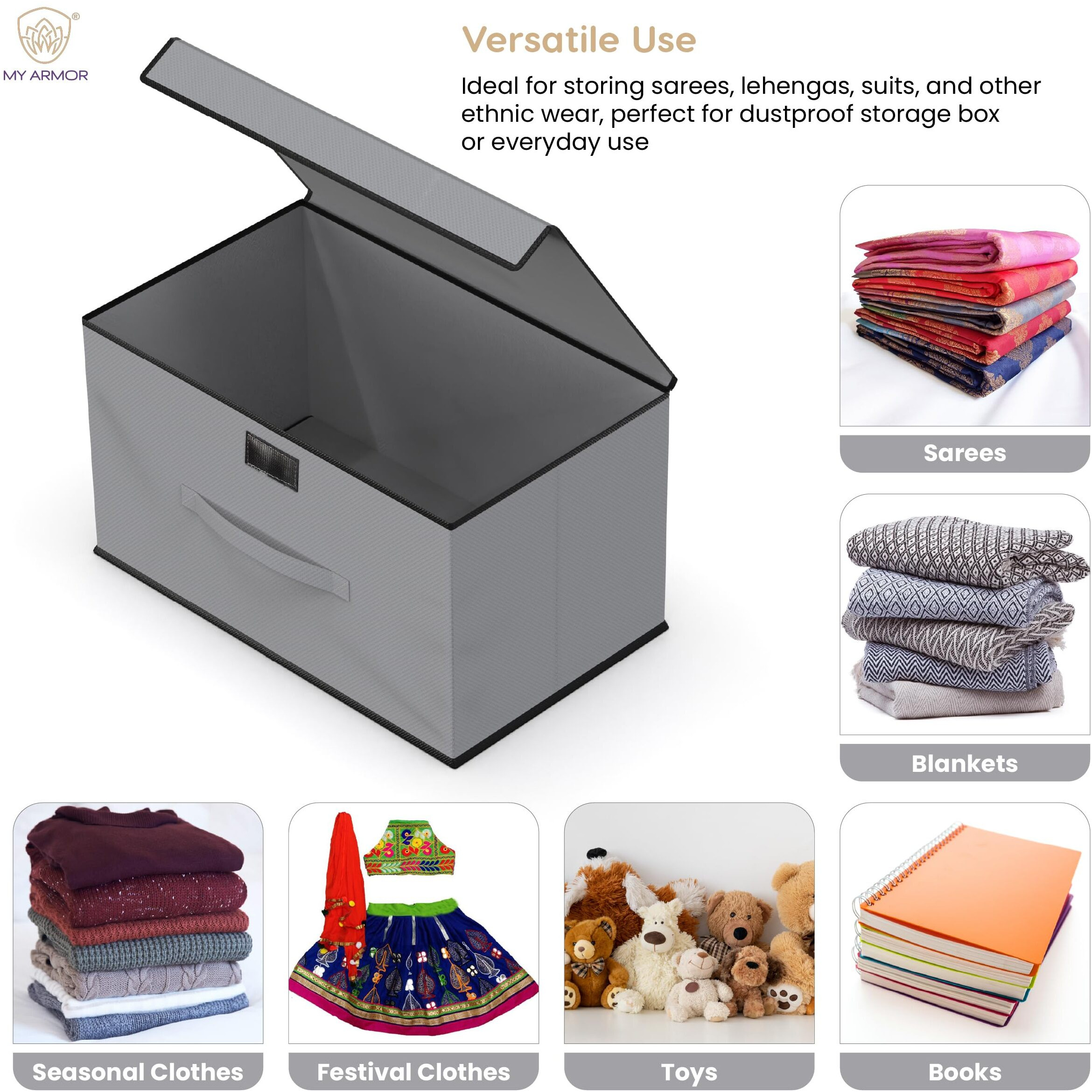 MY ARMOR Non-Woven Shirt Stacker/Foldable Clothes Organizer for Wardrobe, Closet, 40 x 24 x 24 CM, Top-Lid Design (Grey, Pack of 2)