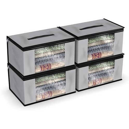 MY ARMOR Non-Woven Saree Cover Wardrobe Organizer with Zip for Storage, Moisture & Dust Proof Packing Bag for Wedding, 40 x 32 x 22 CM (Grey, Pack of 4)