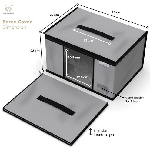 MY ARMOR Non-Woven Saree Cover Wardrobe Organizer with Zip for Storage, Moisture & Dust Proof Packing Bag for Wedding, 40 x 32 x 22 CM (Grey, Pack of 4)