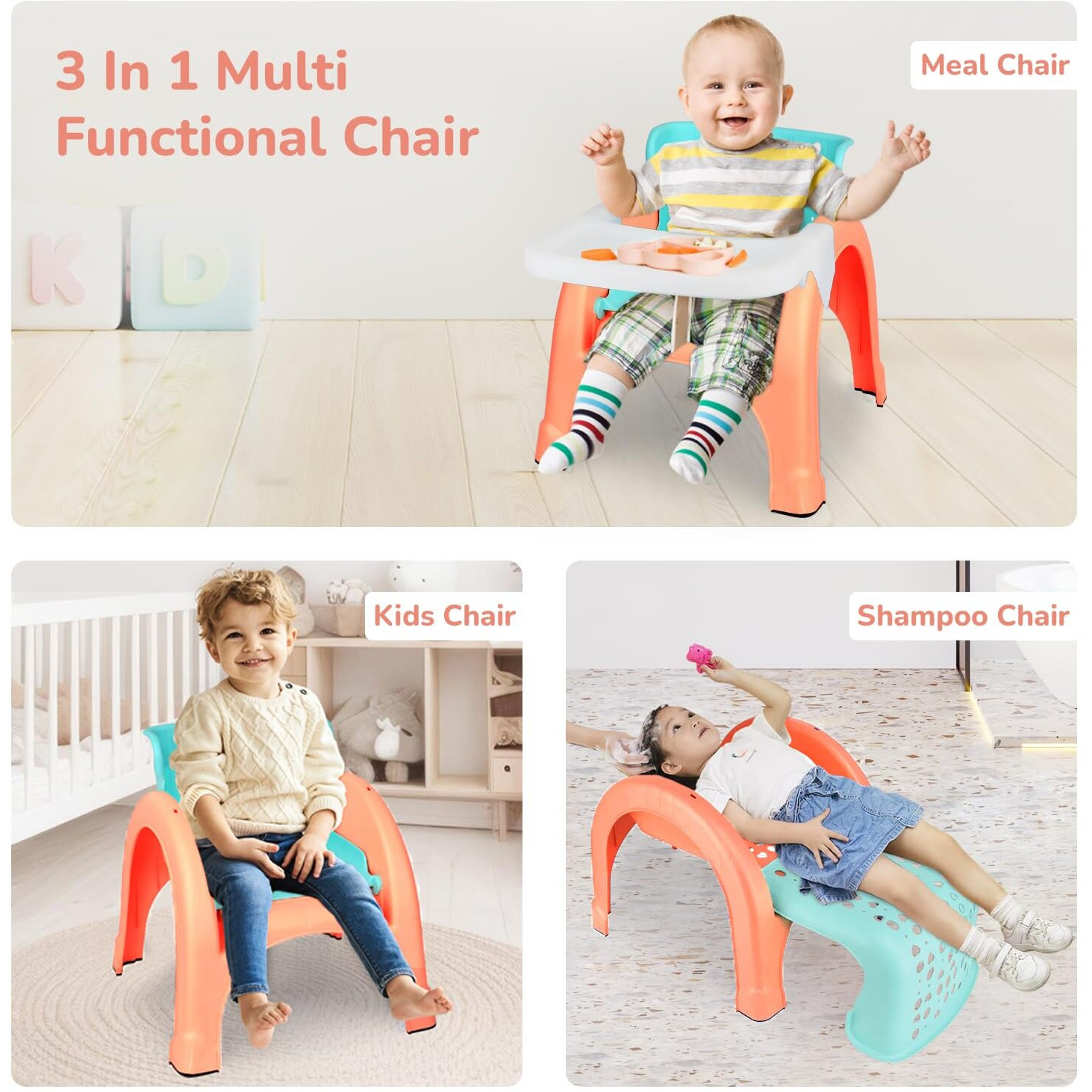 R for Rabbit Jelly Bean Chair 3 in 1 Multi-Functional Baby Study | Shampoo | Meal | Regular Kids Seating Chair with High Backrest for 1-8 Years Kid, Weight Capacity Upto 40Kgs (Peach Green)