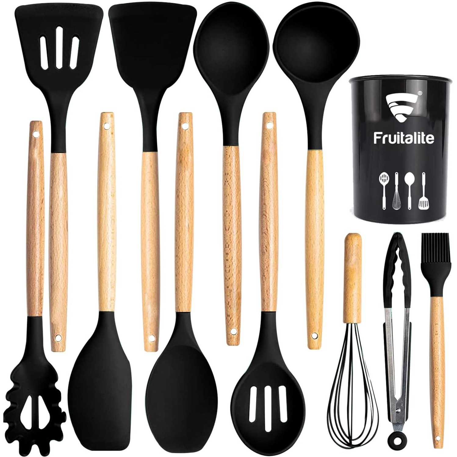 Fruitalite Silicone Kitchen Utensils Spoon Spatula Cooking 12 Pcs Set | Non-Stick with Wooden Handle- BPA Free, Heat Resistant Item, Flexible Non Toxic Silicon Cookware Tools with Holder- Black