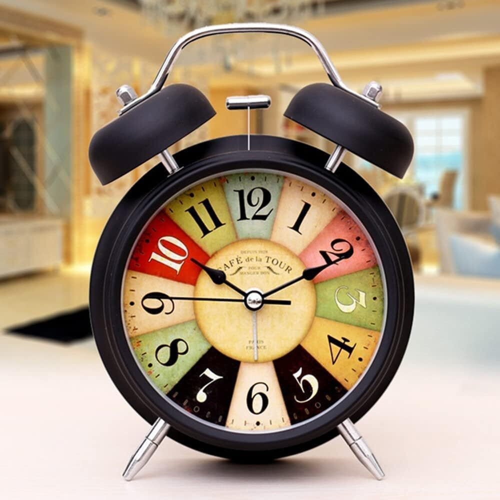 JASIFS Brass Table Clock Twin Bell Analog Alarm Clock for Students & Heavy Slippers Extra Loud for Bedside Table Twins Bell Ringing Desk Clocks for Kids Teens and Girls (Black Vintage)