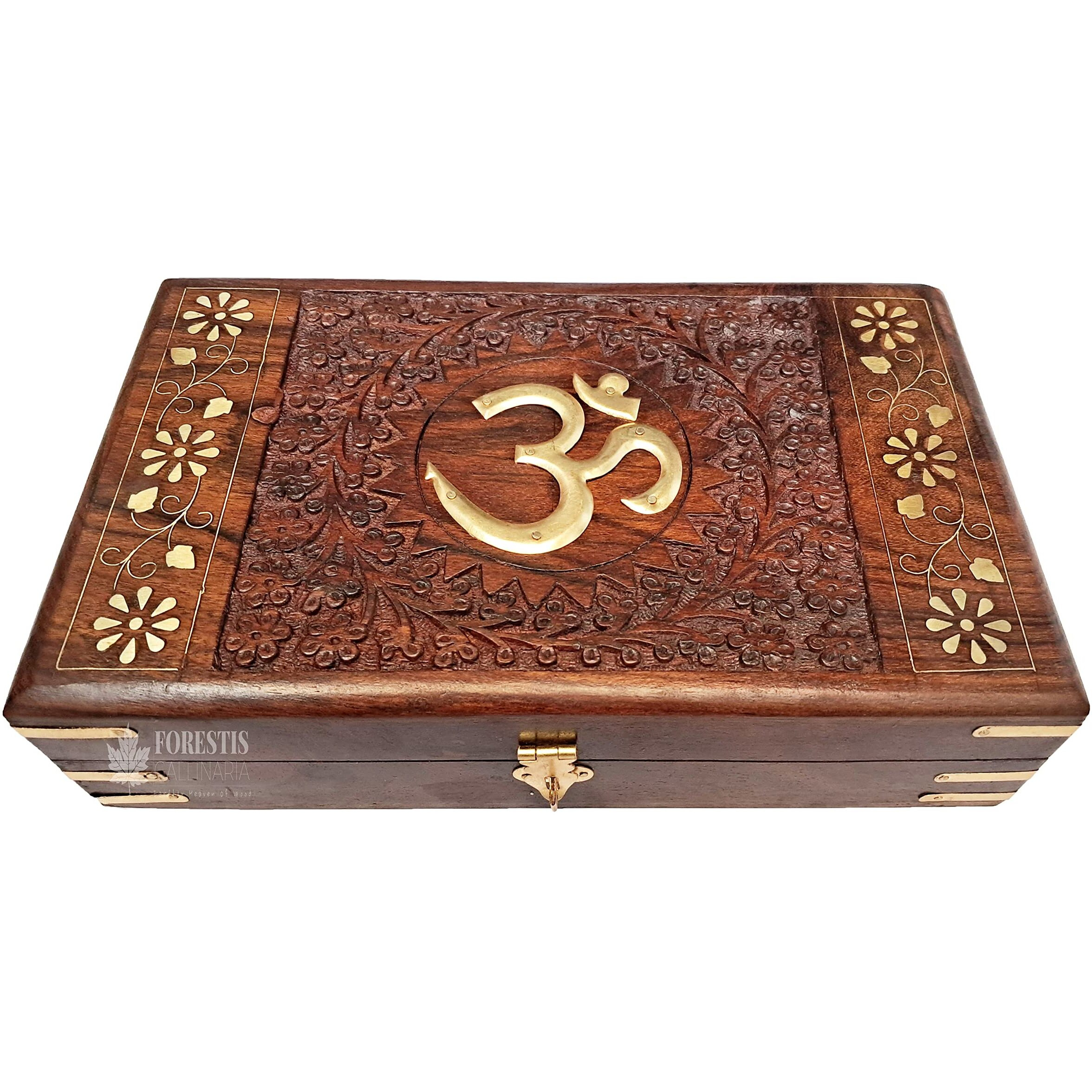FORESTIS GALLINARIA Exquisitely Hand Brass-Filled Wooden OM Box for Good Luck| Jewellery Box| Handmade Decorative Case| Kit (10x6 Inches, OM)