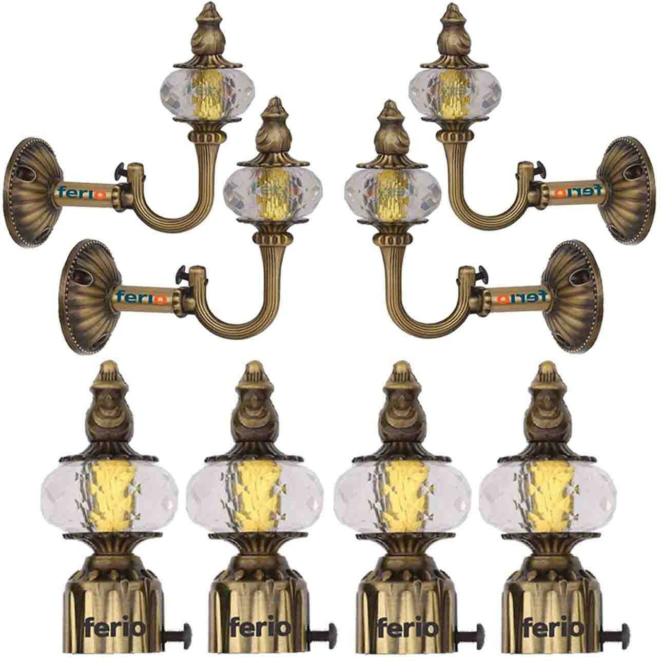 Ferio Curtain Brackets with Support for Door and Windows Rod Fitting 1 Inch Rod Pocket Set Brass Antique for Home Dcor Zinc with Crystal Diamond (Curtain Finial 6 Pcs and Curtain Holder Rod 6 Pc