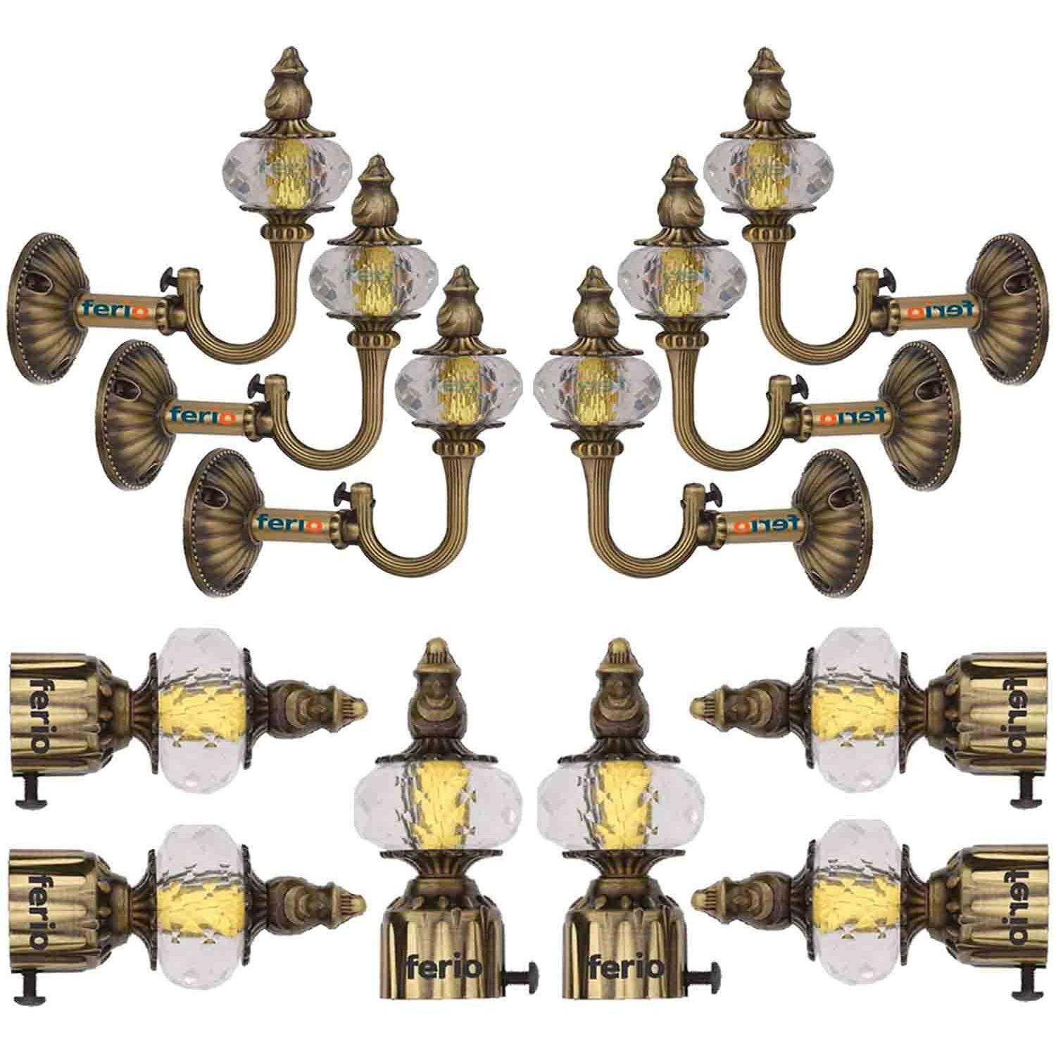 Ferio Curtain Brackets with Support for Door and Windows Rod Fitting 1 Inch Rod Pocket Set Brass Antique for Home Dcor Zinc with Crystal Diamond (Curtain Finial 6 Pcs and Curtain Holder Rod 6 Pc)
