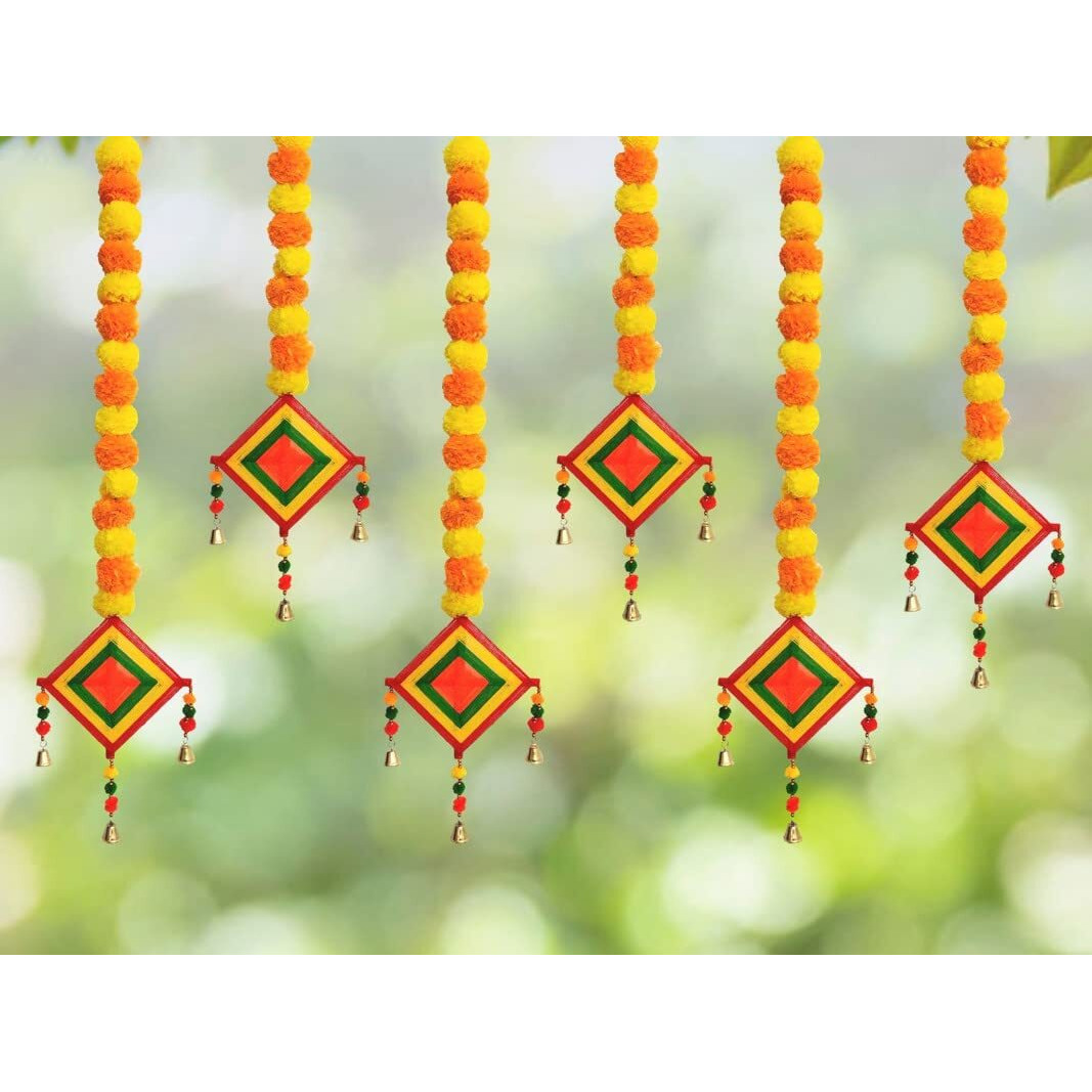 JH Gallery Handmade Artificial Marigold Fluffy Flowers Colorful Woolen Kite Bells Hangings for Home Decor | Pooja Room Decoration | Haldi Mehndi Decor | Wedding Decoration(39 Inches)(Pack of 6)