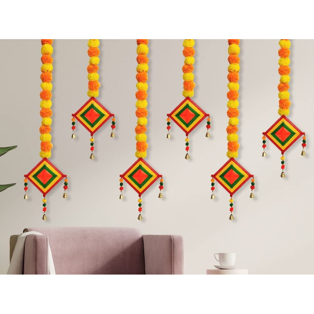 JH Gallery Handmade Artificial Marigold Fluffy Flowers Colorful Woolen Kite Bells Hangings for Home Decor | Pooja Room Decoration | Haldi Mehndi Decor | Wedding Decoration(39 Inches)(Pack of 6)