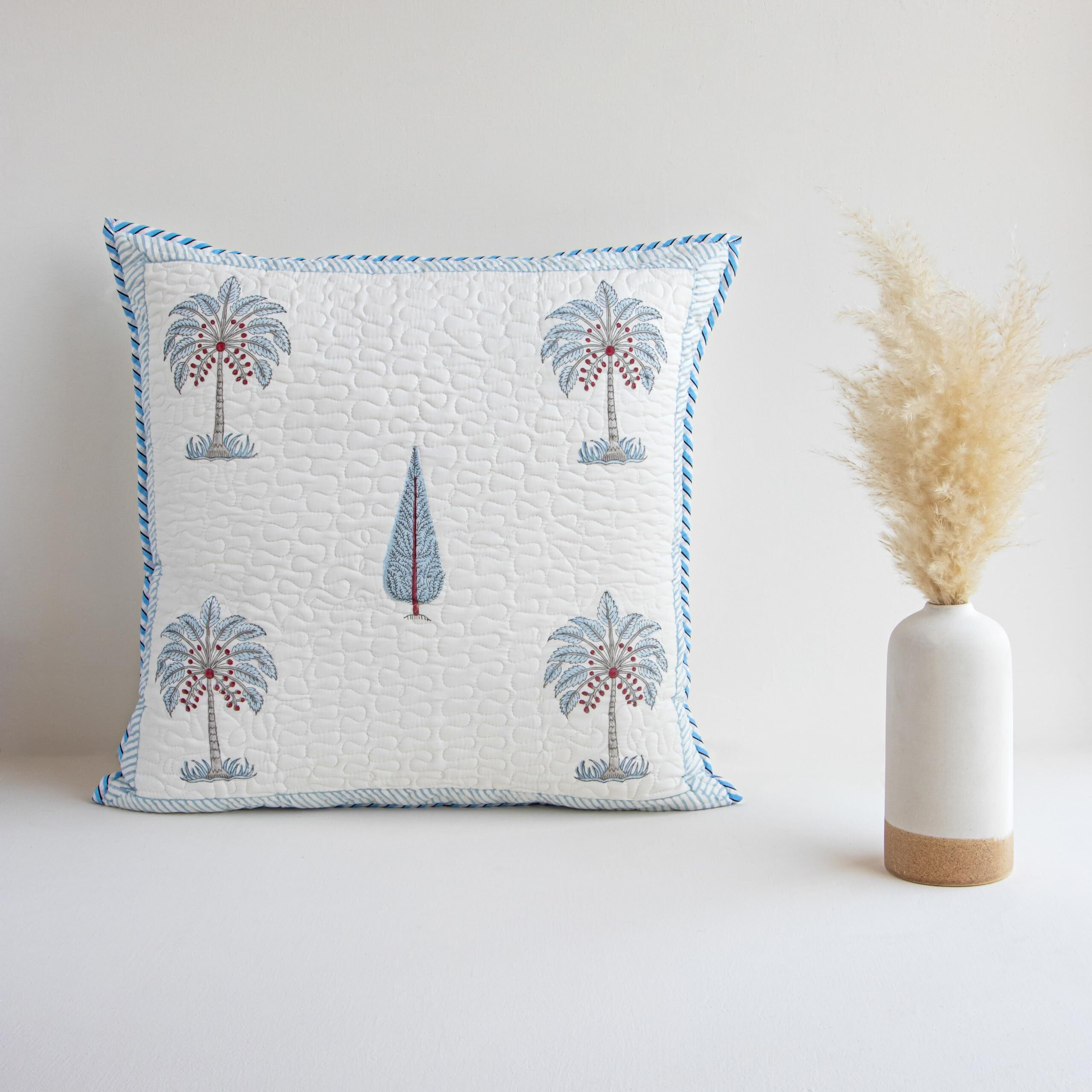 HOMEMONDE Set of 2 Soft Cushion Cover 24 x 24 Inches - Floral Hand Block Print Premium Cotton Square Pillow Case Living Room Decoration, Blue