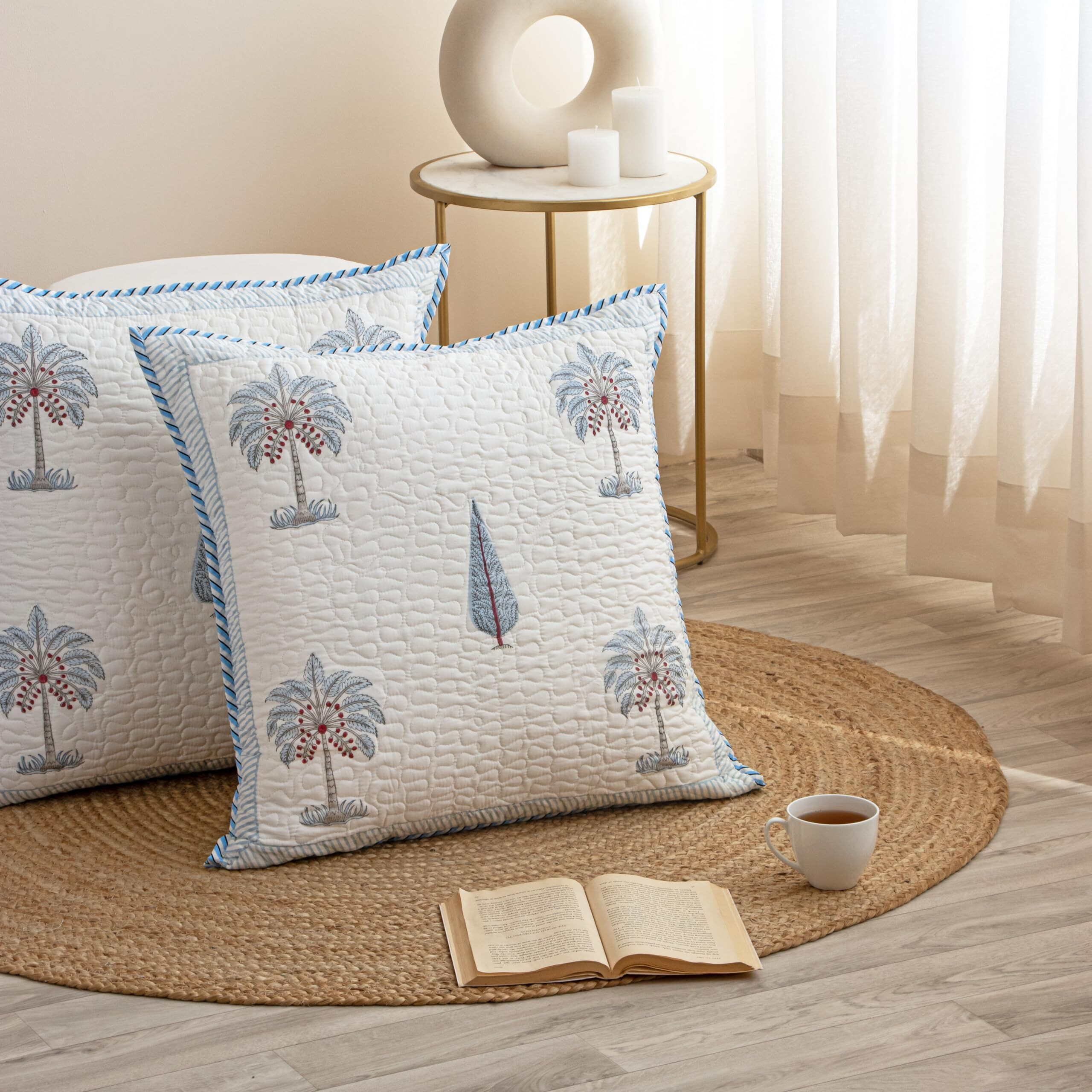 HOMEMONDE Set of 2 Soft Cushion Cover 24 x 24 Inches - Floral Hand Block Print Premium Cotton Square Pillow Case Living Room Decoration, Blue