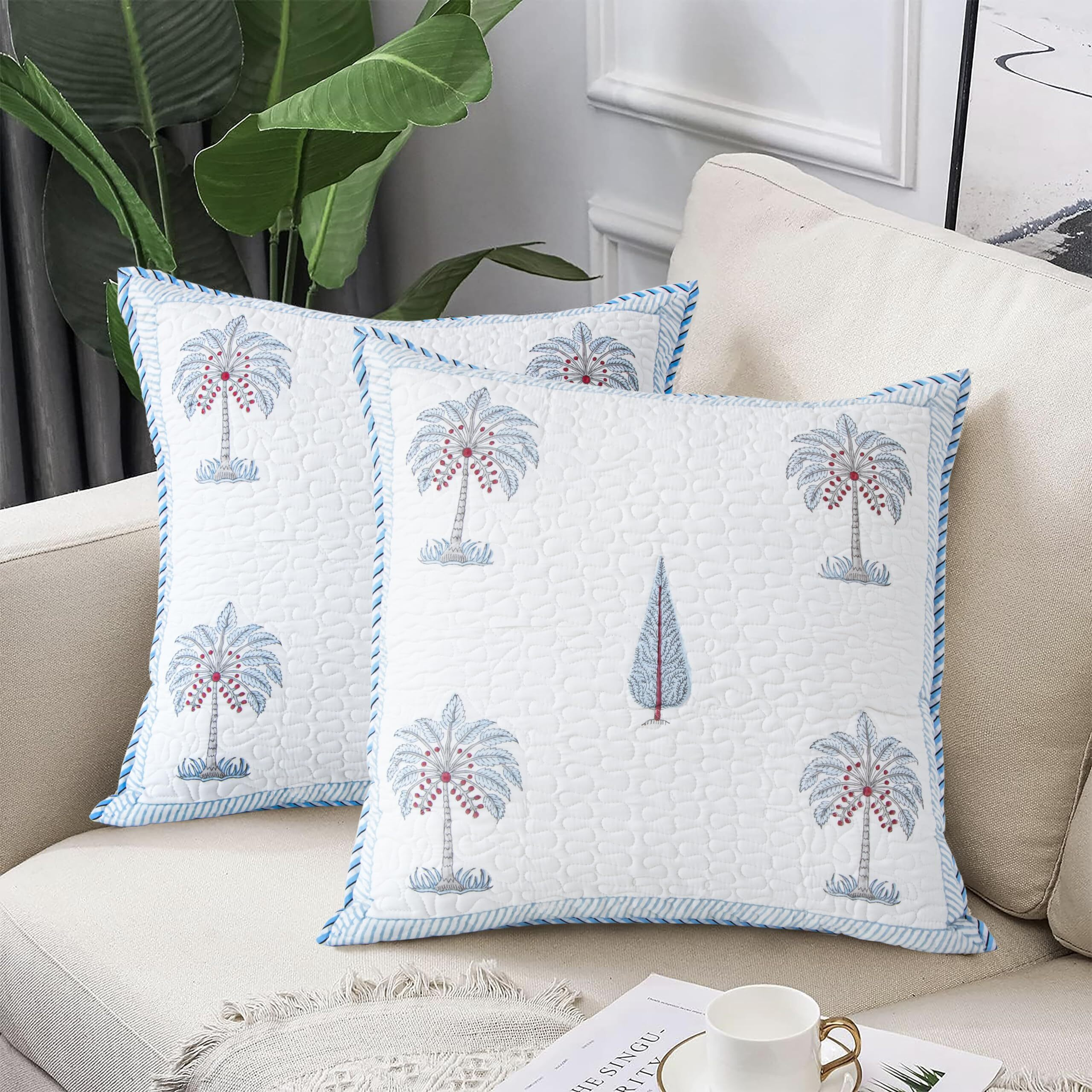 HOMEMONDE Set of 2 Soft Cushion Cover 24 x 24 Inches - Floral Hand Block Print Premium Cotton Square Pillow Case Living Room Decoration, Blue