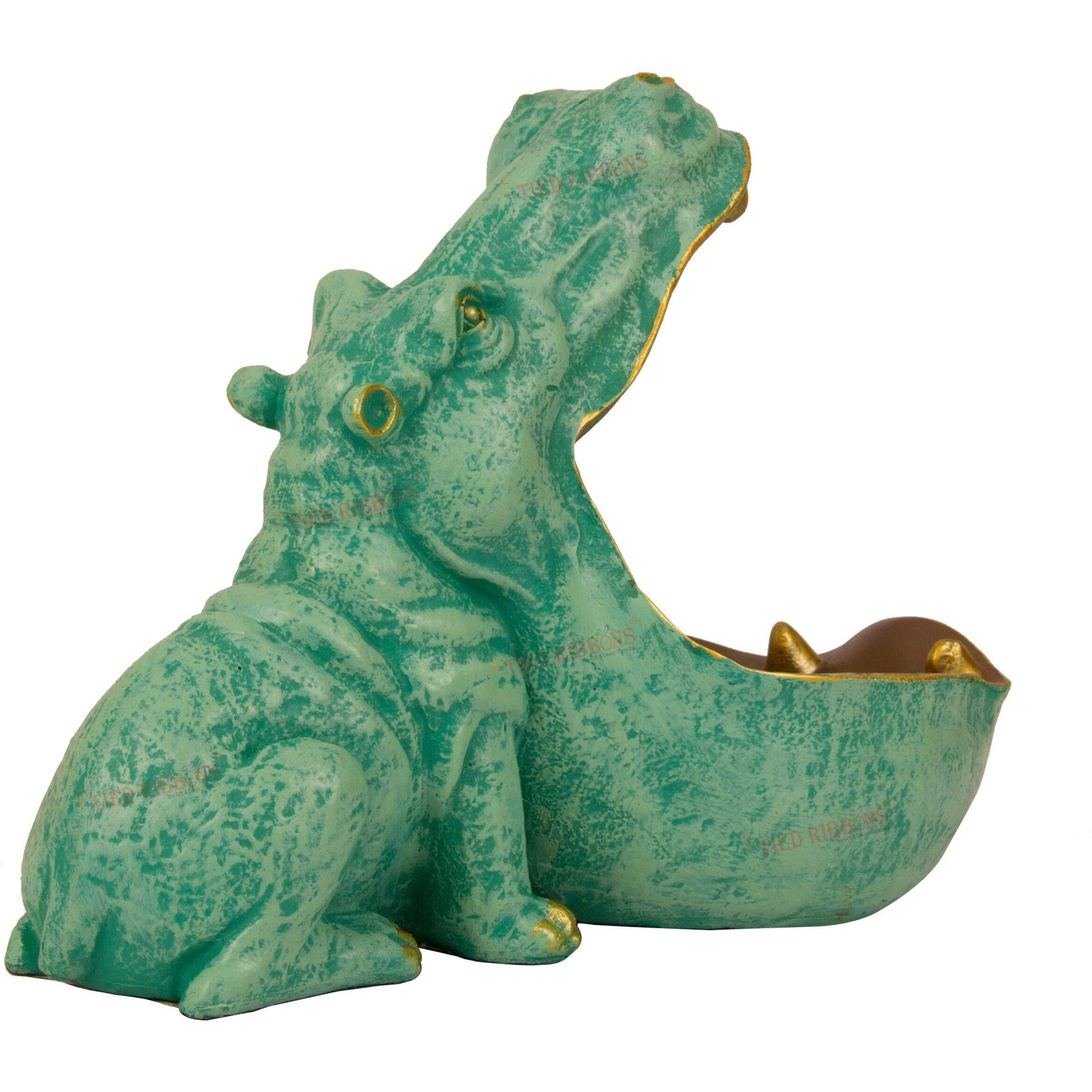 TIED RIBBONS Multipurpose Big Mouth Hippopotamus Storage Makeup Organizer Showpiece Statue for Vanity Home Decor Living Room Bedroom Office Decoration Items (20cm x 25.5 cm, Green)