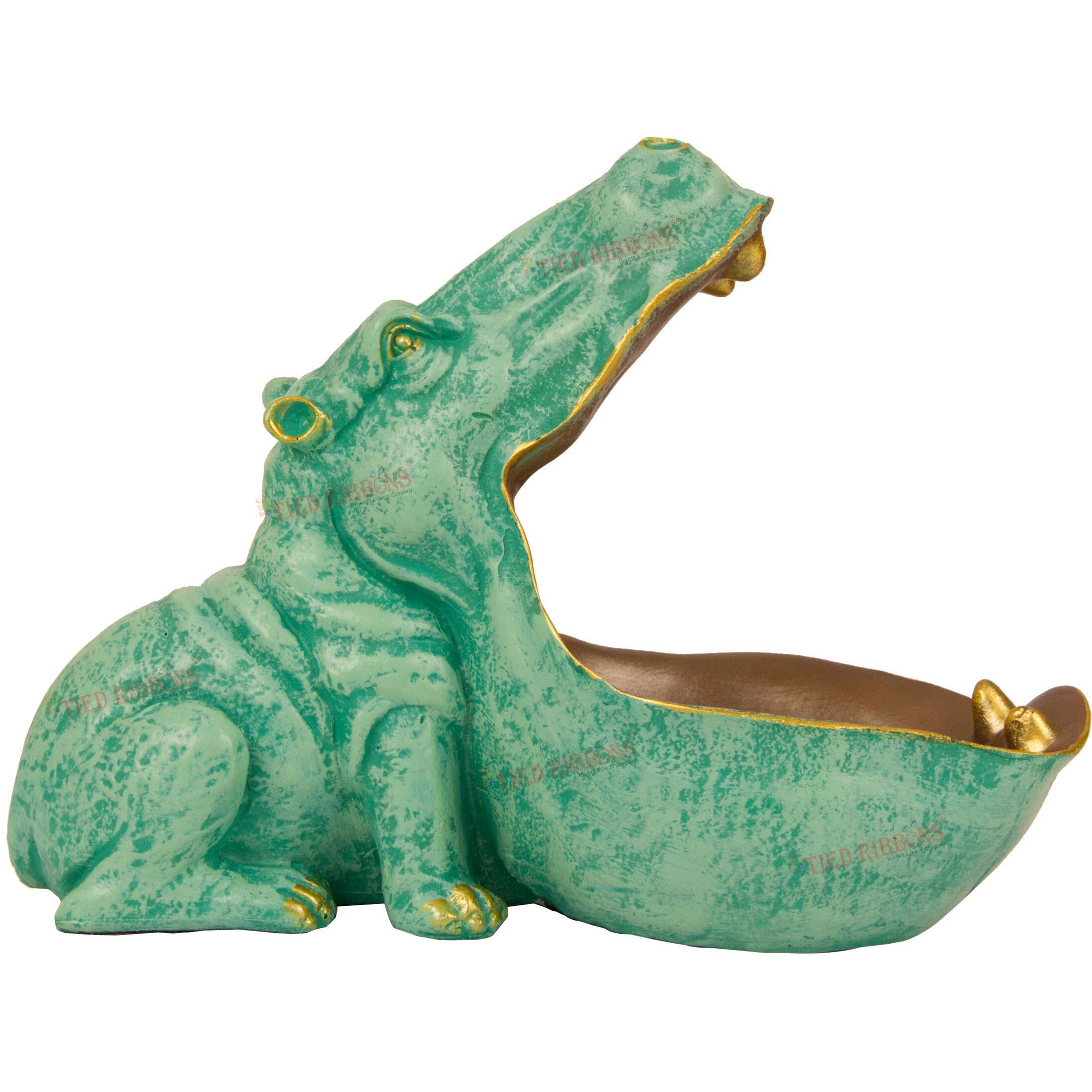 TIED RIBBONS Multipurpose Big Mouth Hippopotamus Storage Makeup Organizer Showpiece Statue for Vanity Home Decor Living Room Bedroom Office Decoration Items (20cm x 25.5 cm, Green)