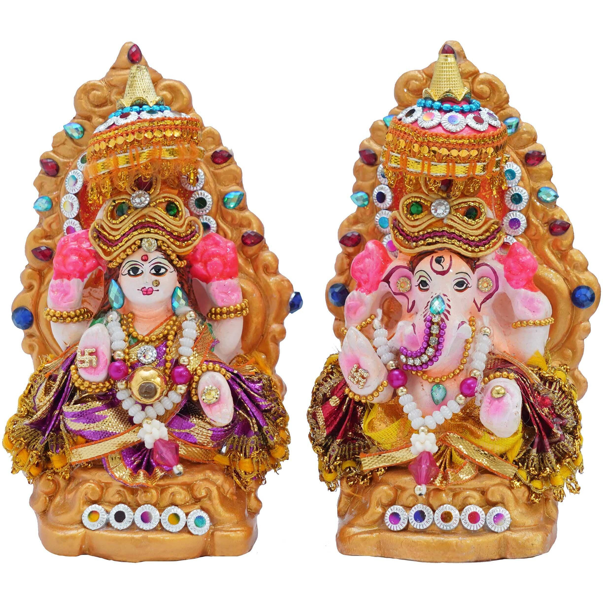TIED RIBBONS Lord Laxmi Ganesh Pair Murti Mitti Terracotta Clay Idol Statue Showpiece (12.7 Cm X 7.6 Cm) - Decoration Items For Home Decor Mandir Temple Pooja Room Table Office Gifts, Multicolour