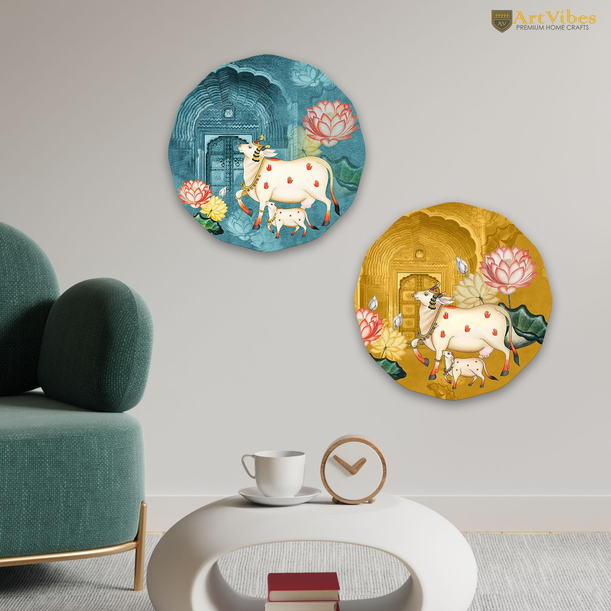 Artvibes Pichwai Round Shape Wooden Wall Hanging Decor | Decorative Hanging Items for Living Room | Gifts | Modern Wall Decoration Artworks for Home | Door Hanging Designer Painting Art Item (WH_8813)