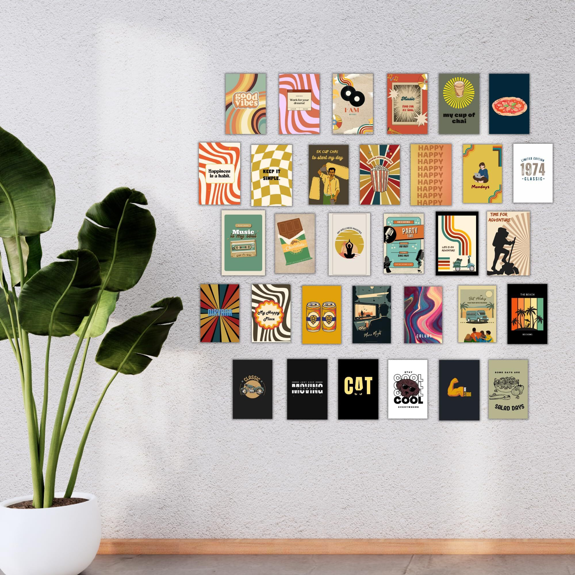 EKDALI Aesthetic boho small posters set of 32 posters for wall decoration Make a collage with the posters 4 x 6 inch - 350 GSM (Variant 2)