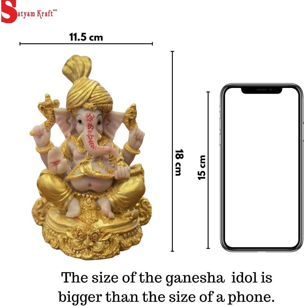 SATYAM KRAFT 1 Pcs PolyResin Gold Color Shree Ganesha God Idol statue -Murti Showpiece for Home Decor Ganpati Decoration for Rakshabandhan Gifting, Pooja, Office, Living Room, Mandir, figurines item