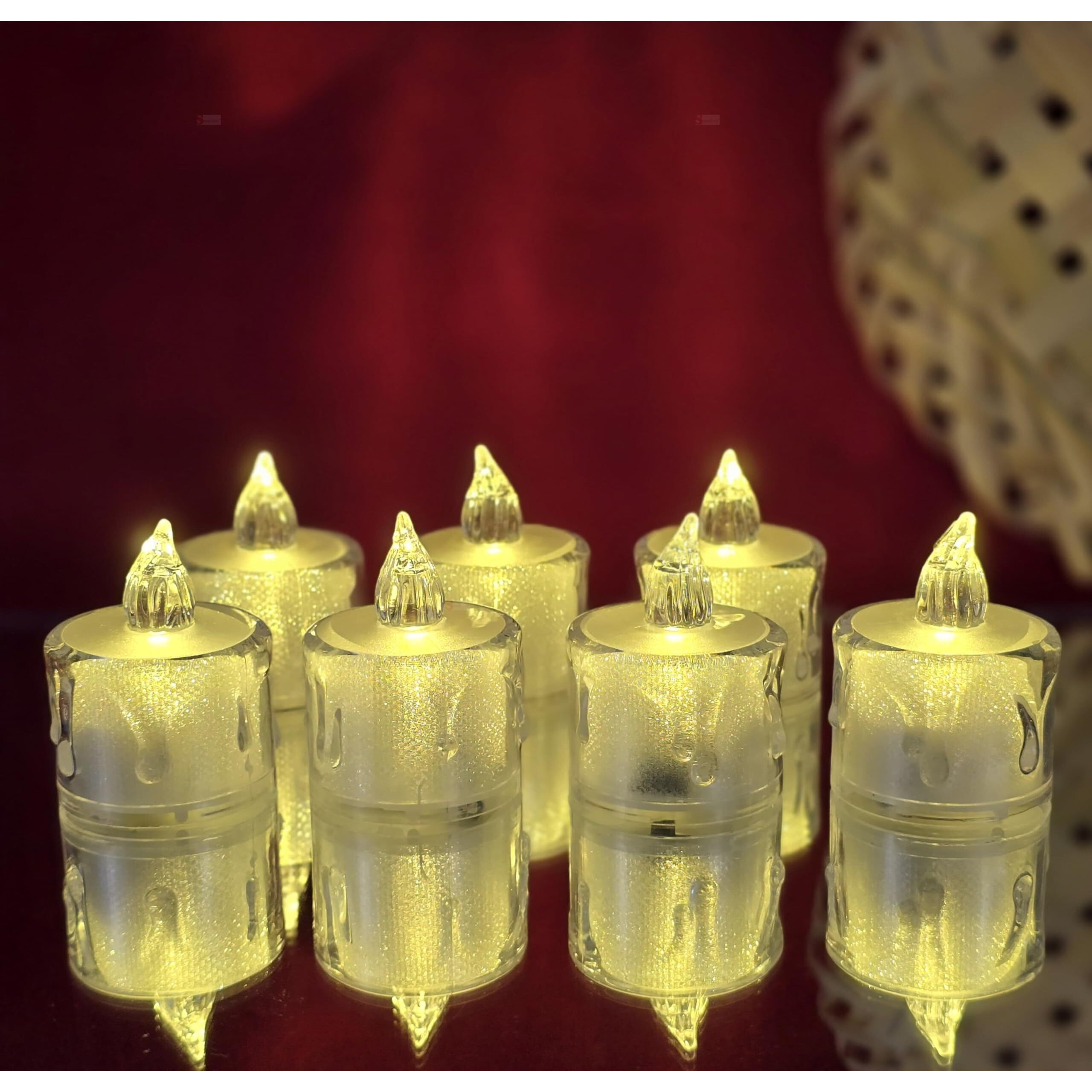 SATYAM KRAFT 6 Pcs Flameless and Smokeless Crystal Dripping Design Acrylic led Candles Tea Light for Home Decor, Gifting, Festival, Events Decoration (Yellow) (Small)