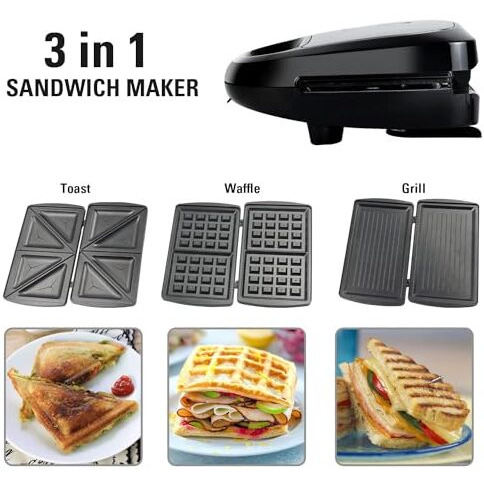 iBELL SM1301 3-in-1 Sandwich Maker, Big Size, 750 Watt, with Detachable Plates for Toast/Waffle/Grill (24 x 24 x 10 cm)