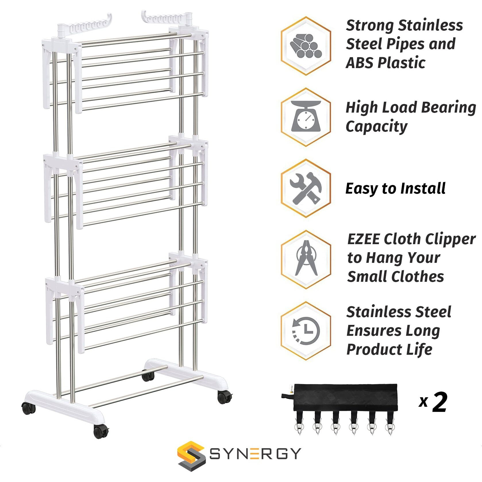 Synergy - Heavy Duty Stainless Steel Double Pole Foldable Cloth Dryer Stands/Clothes Drying Stand with EZEE Cloth Clipper Combo (SY-CS21-COMBO)
