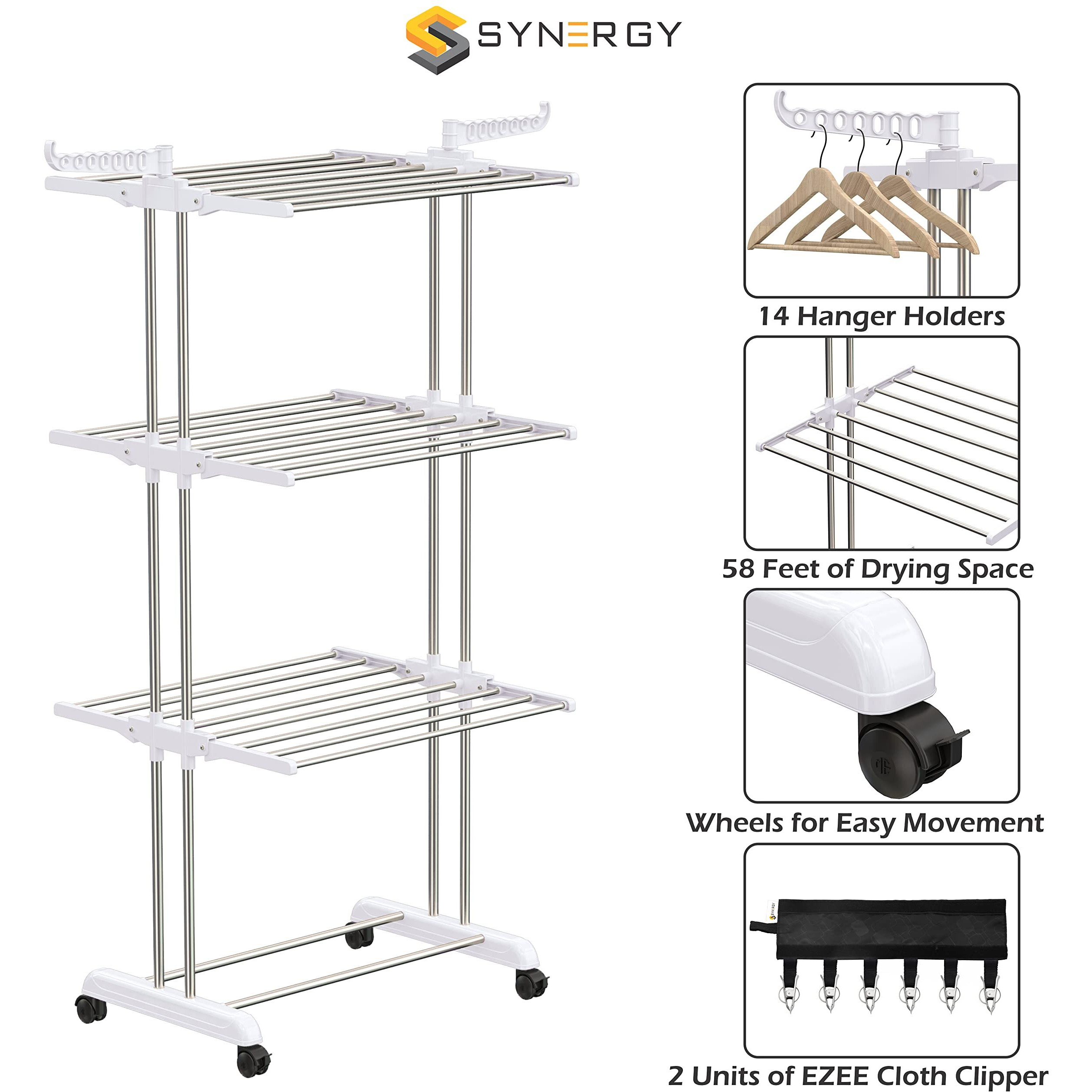 Synergy - Heavy Duty Stainless Steel Double Pole Foldable Cloth Dryer Stands/Clothes Drying Stand with EZEE Cloth Clipper Combo (SY-CS21-COMBO)