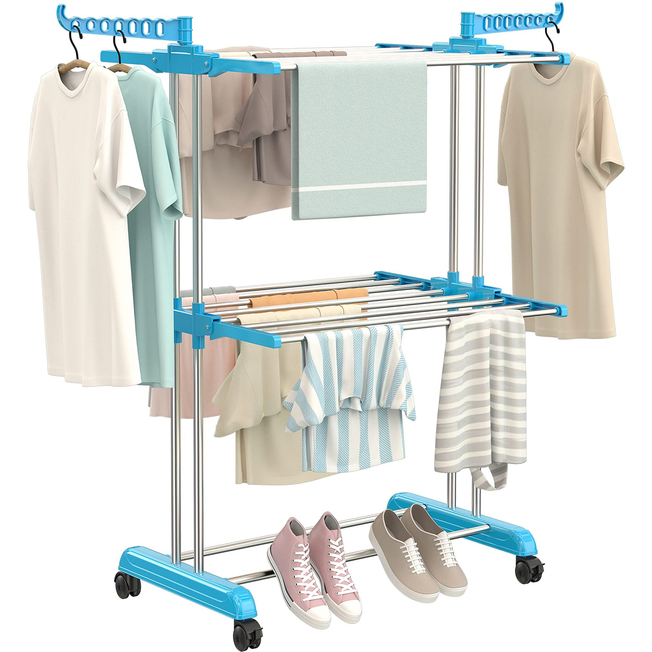 Synergy - Premium Heavy Duty Stainless Steel Foldable Cloth Drying Stand/Clothes Stand for Drying/Cloth Stand/Clothes Dryer/Laundry Racks (2 Tier) Blue - SY-CS19-L2