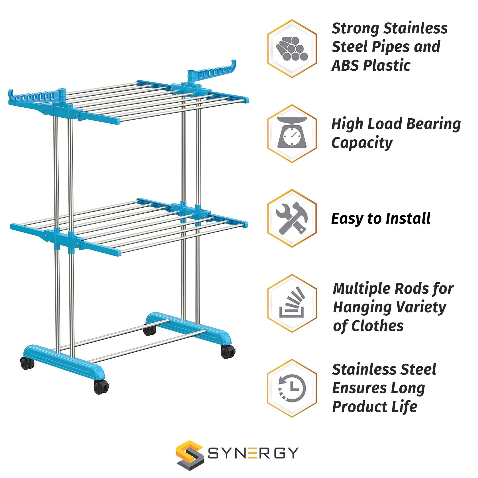 Synergy - Premium Heavy Duty Stainless Steel Foldable Cloth Drying Stand/Clothes Stand for Drying/Cloth Stand/Clothes Dryer/Laundry Racks (2 Tier) Blue - SY-CS19-L2