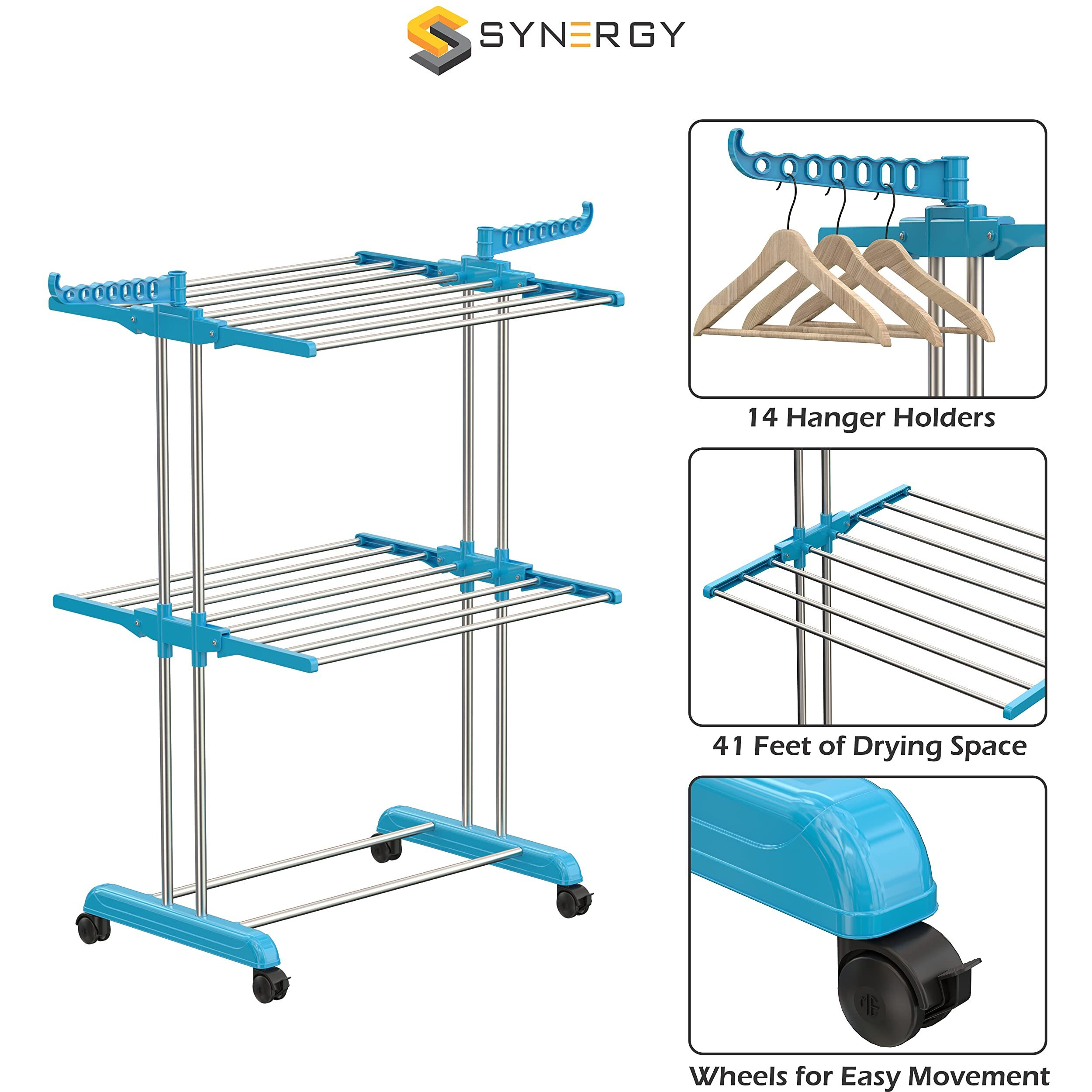 Synergy - Premium Heavy Duty Stainless Steel Foldable Cloth Drying Stand/Clothes Stand for Drying/Cloth Stand/Clothes Dryer/Laundry Racks (2 Tier) Blue - SY-CS19-L2