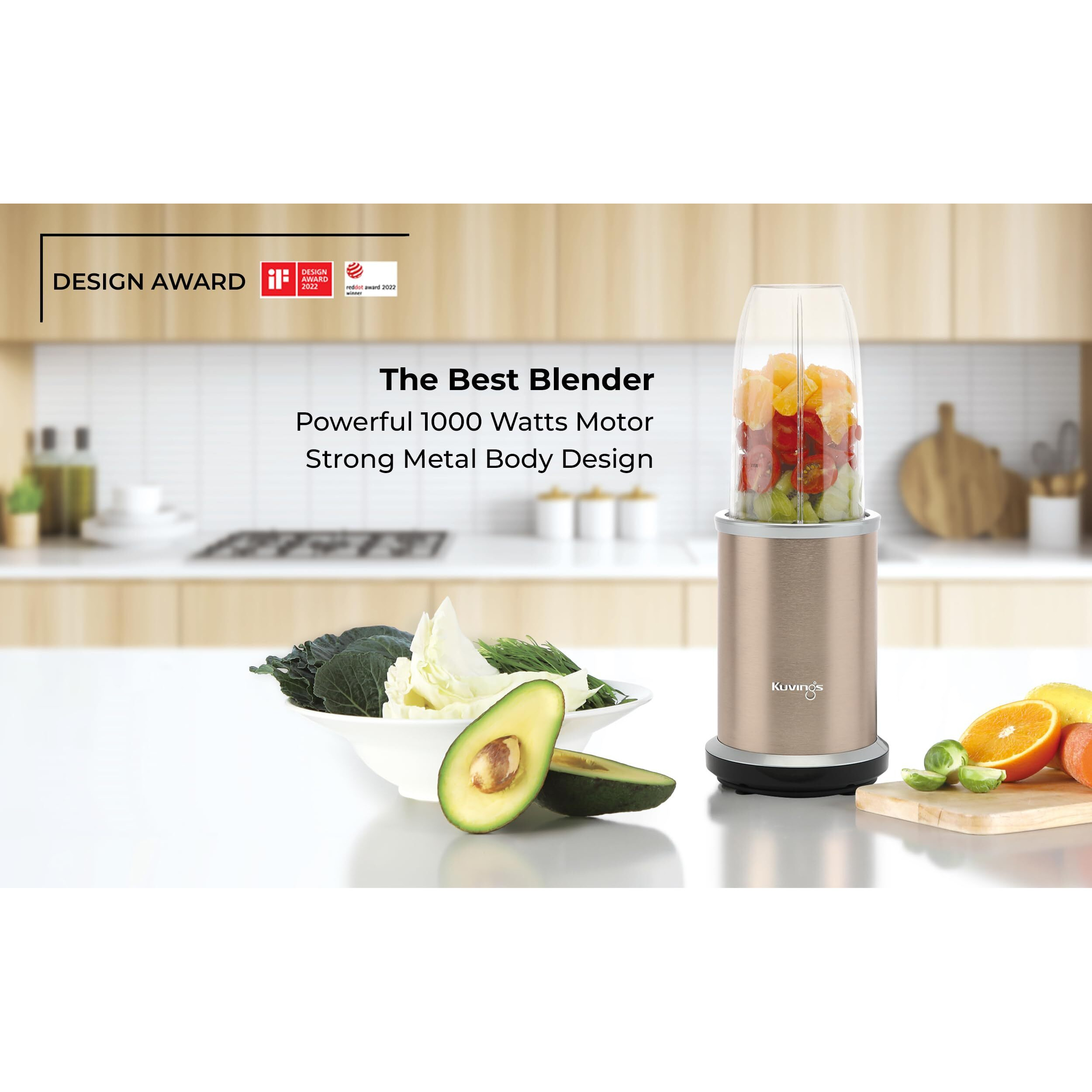 Kuvings Nutri Blender PRO Champagne Gold, Powerful 1000 Watts Motor, Mixer/Grinder/Smoothie Maker, Blender for Smoothies and Juices, Stainless Steel Body, 2 Blade Set Wet & Dry
