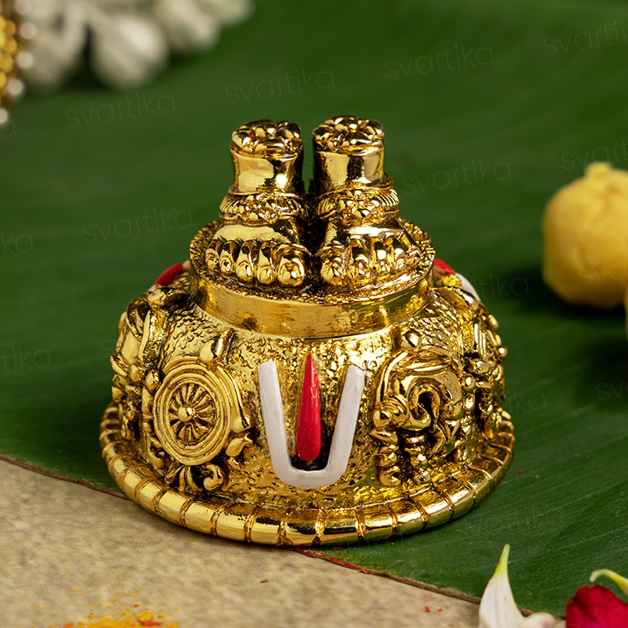 Svastika Lord Balaji Charan for Pooja Room & Car Dashboard | 24K Antique Gold Finish Venkateswara Feet with Shanku & Chakra Namam | Divine Blessings from Tirupati | 2 Inch Polyresin Sculpture