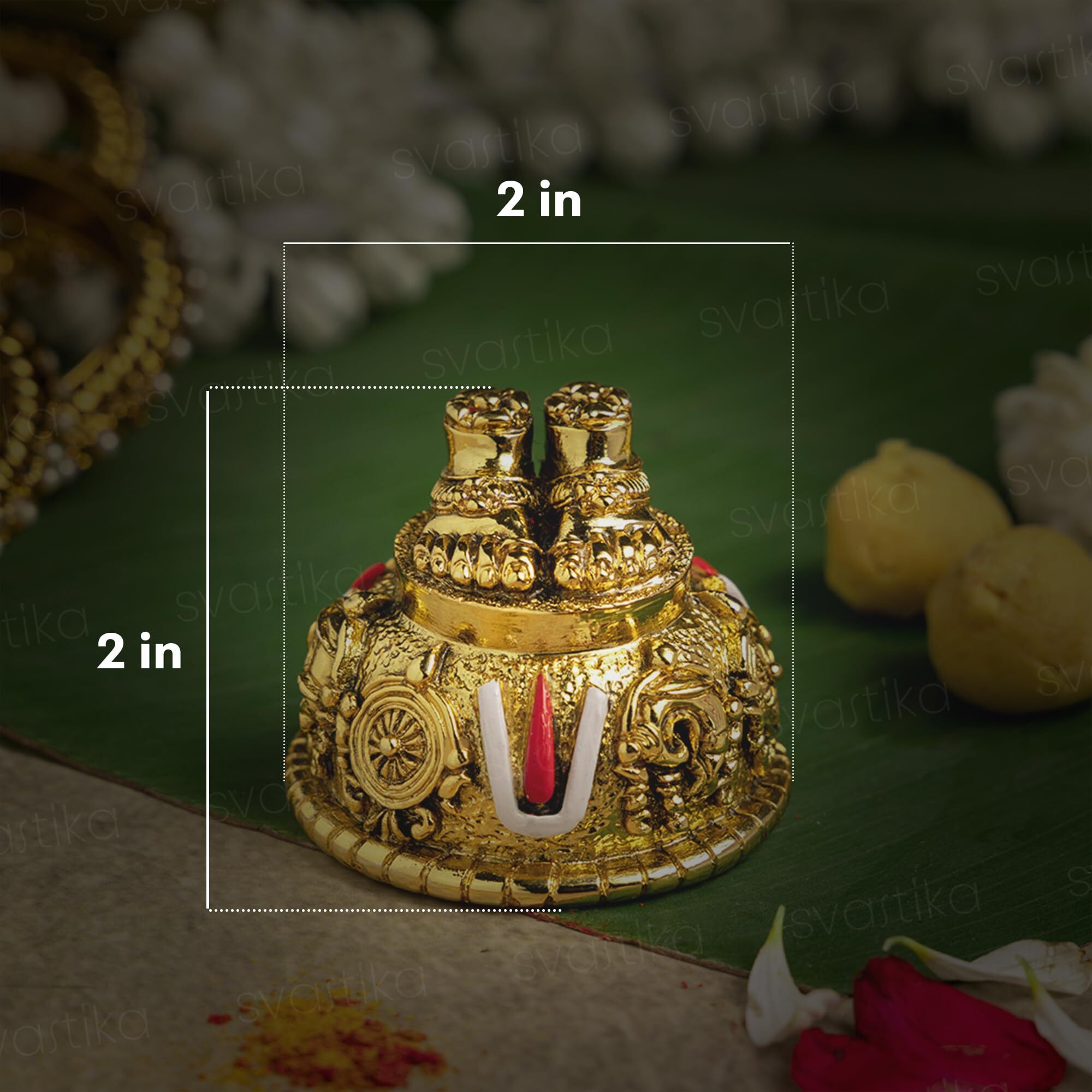 Svastika Lord Balaji Charan for Pooja Room & Car Dashboard | 24K Antique Gold Finish Venkateswara Feet with Shanku & Chakra Namam | Divine Blessings from Tirupati | 2 Inch Polyresin Sculpture