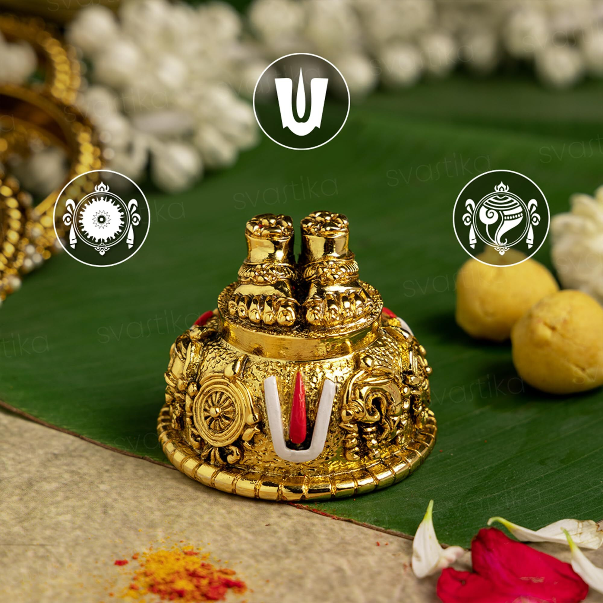 Svastika Lord Balaji Charan for Pooja Room & Car Dashboard | 24K Antique Gold Finish Venkateswara Feet with Shanku & Chakra Namam | Divine Blessings from Tirupati | 2 Inch Polyresin Sculpture
