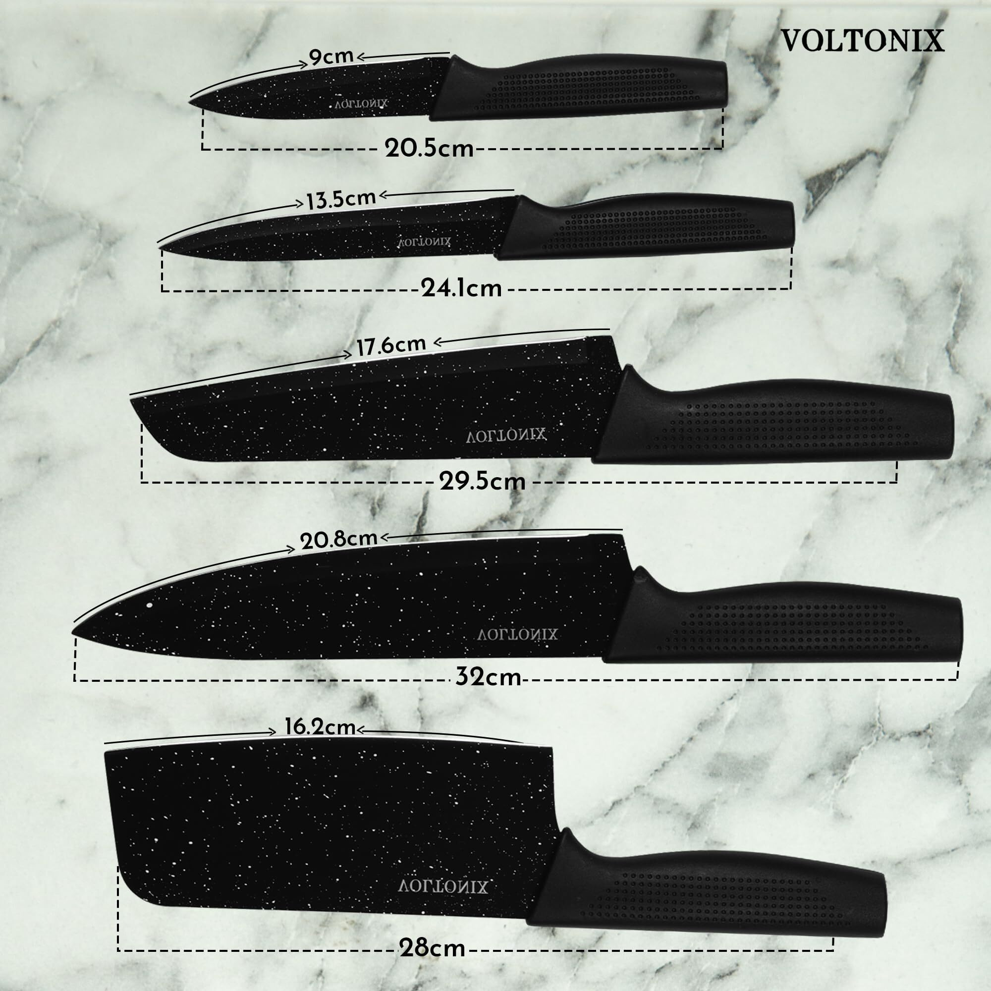 Voltonix Kitchen Knife Set Dishwasher Safe, Sharp Stainless Steel Knife Set, Kitchen Knives Sets Professional with Sheaths 5 Piece Rainbow Non Stick(Indian-Black)